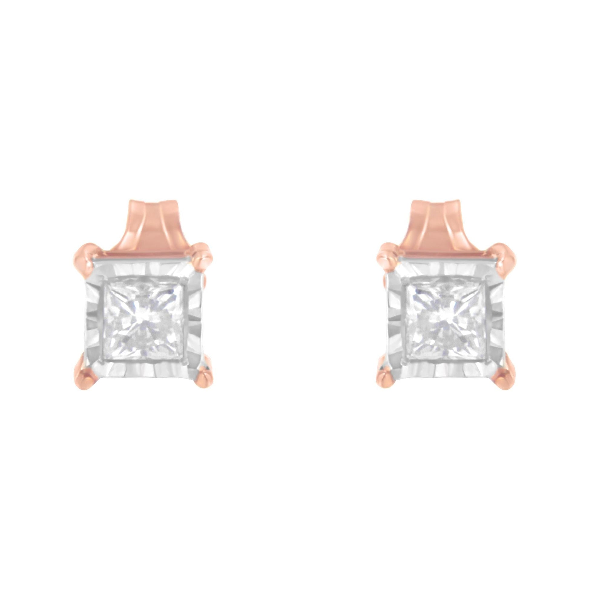 14K Rose Gold Plated Two-Tone .925 Sterling Silver 1/2 Cttw Princess-Cut Square Near Colorless Diamond Solitaire Miracle-Plate Stud Earrings (J-K Color, I2-I3 Clarity)-2