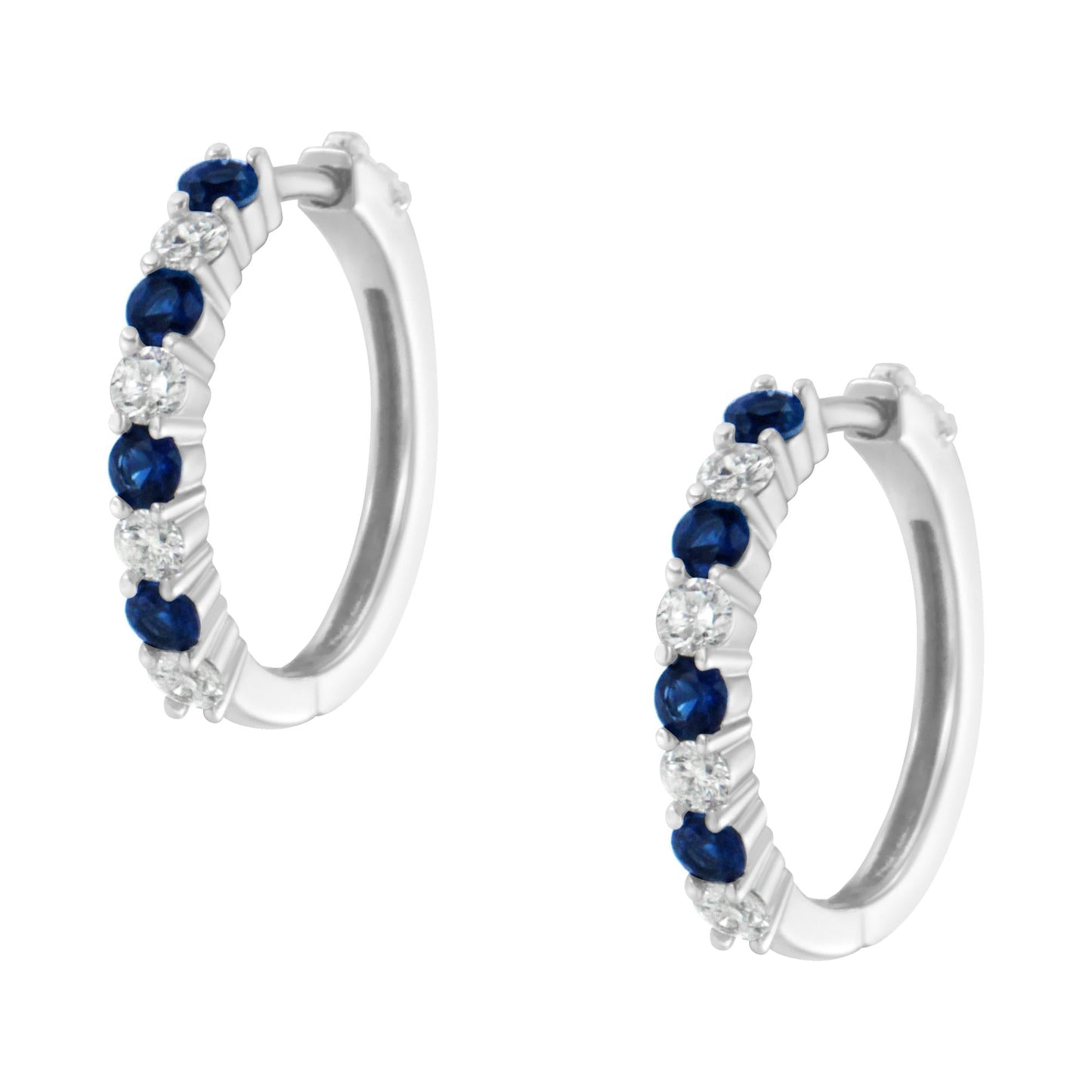 10K White Gold 2.5MM Sapphire Gemstone and 1/2 Cttw Diamond Hoop Earrings (H-I Color, I1-I2 Clarity)-4