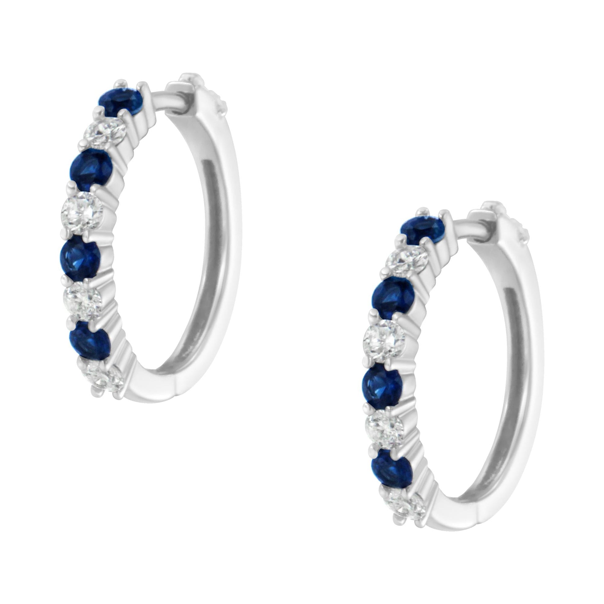 10K White Gold 2.5MM Sapphire Gemstone and 1/2 Cttw Diamond Hoop Earrings (H-I Color, I1-I2 Clarity)-4