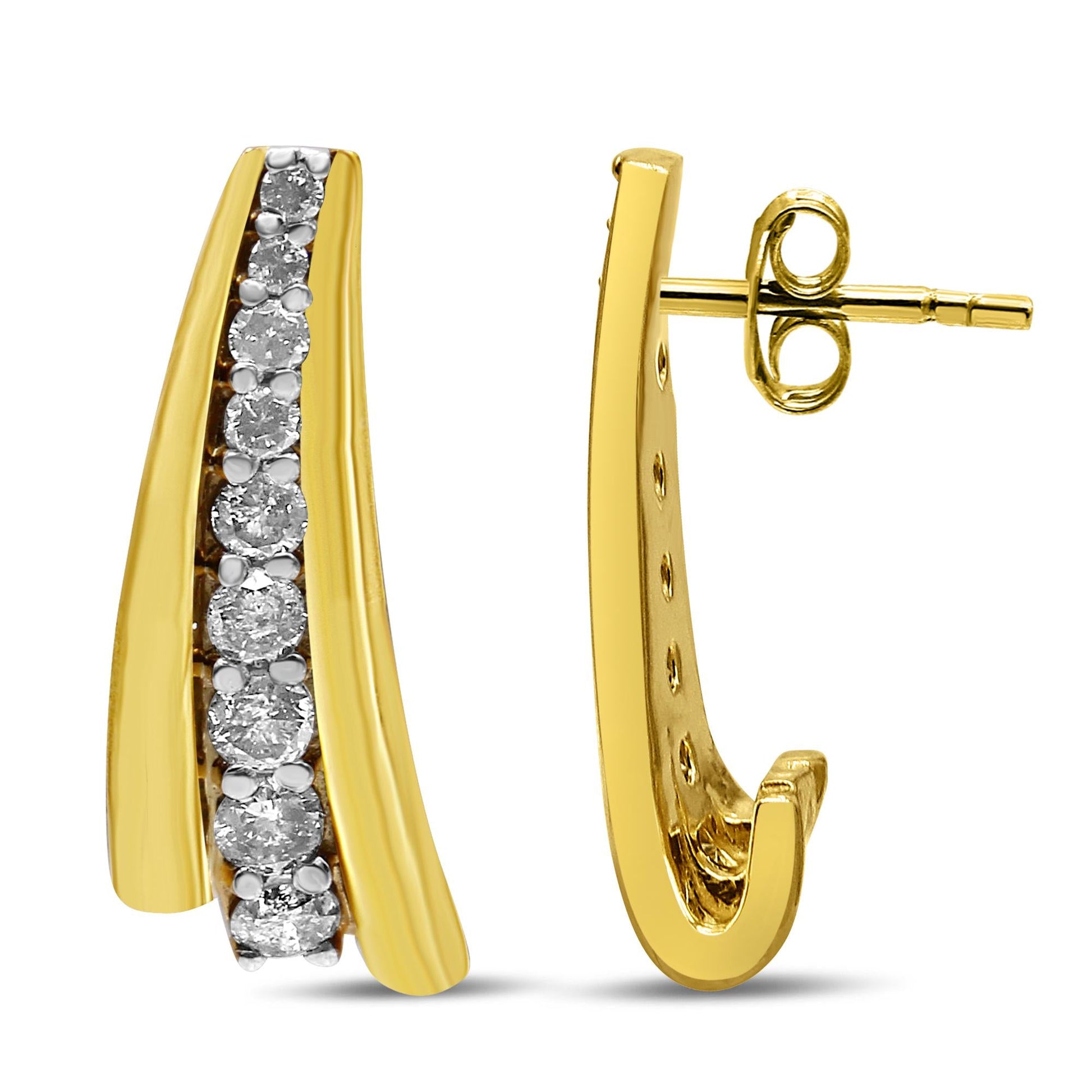 10K Yellow Gold Plated .925 Sterling Silver 1.00 Cttw Round Diamond Graduated Huggie Stud Earrings (I-J Color, I2-I3 Clarity)-2