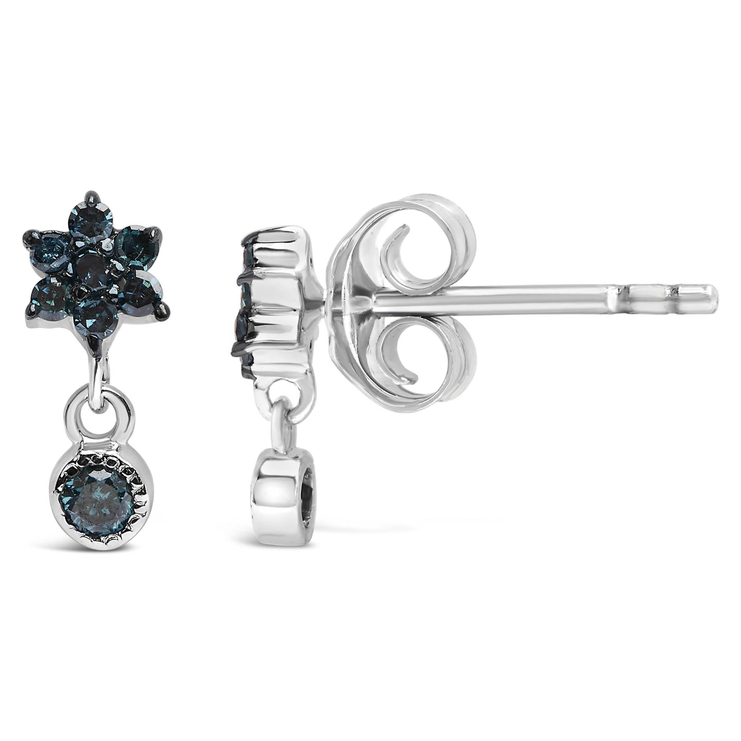 .925 Sterling Silver 1/10 Cttw Blue Diamond Star Stud with Bezel Drop Dangle Earrings (Blue Color, I2-I3 Clarity)-2