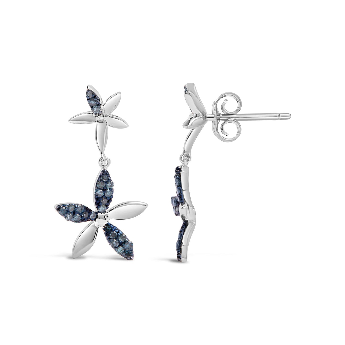.925 Sterling Silver 1/5ct Cttw Blue Diamond Double Star Drop and Dangle Earrings (Blue Color, SI1-SI2 Clarity)-2