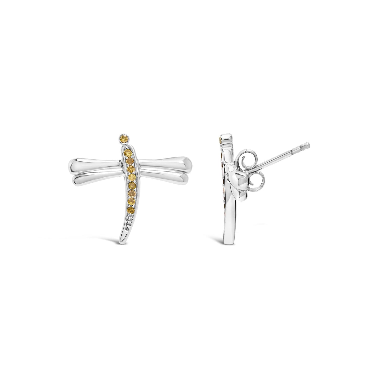 .925 Sterling Silver Yellow Diamond Accent Dragonfly Stud Earrings (Yellow Color, I2-I3 Clarity)-2
