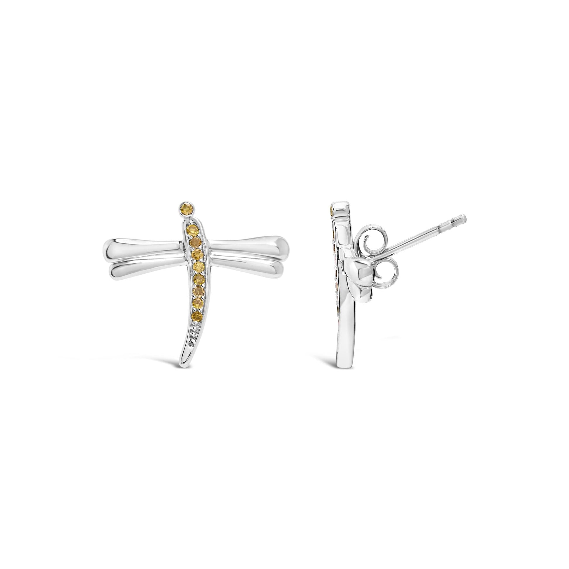 .925 Sterling Silver Yellow Diamond Accent Dragonfly Stud Earrings (Yellow Color, I2-I3 Clarity)-2