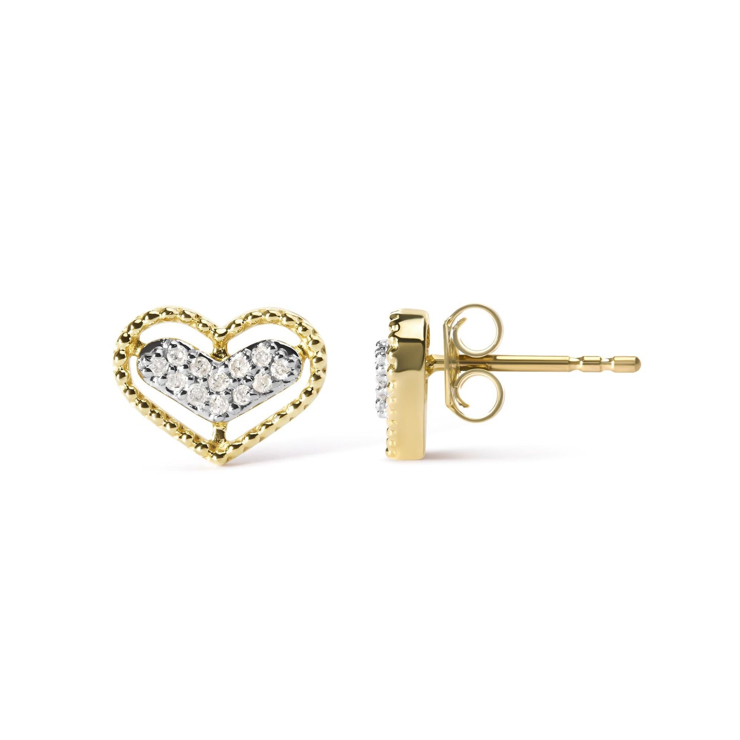 10K Yellow Gold 1/10 Cttw Diamond Heart and Beaded Halo Stud Earrings (I-J Color, I1-I2 Clarity)-2