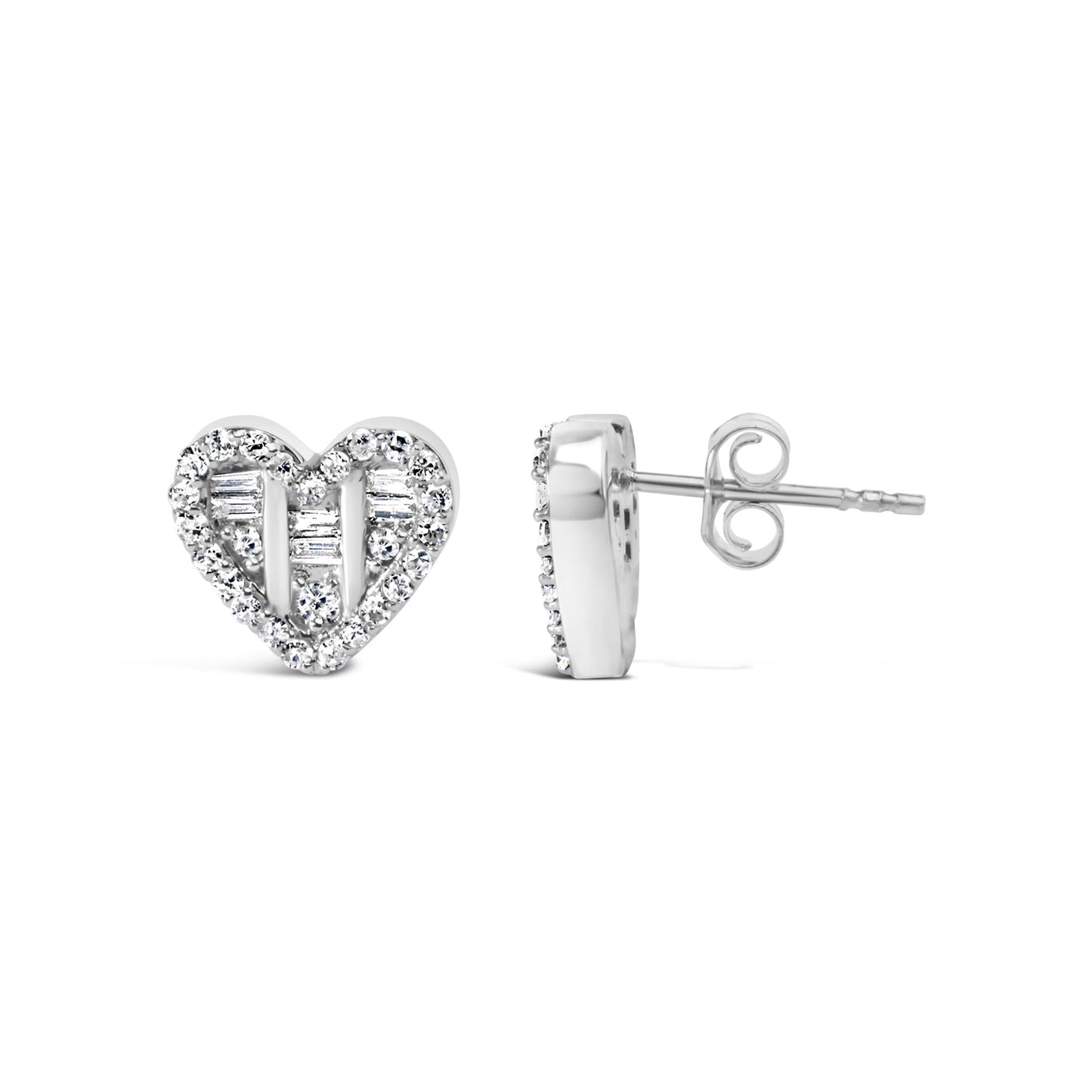 .925 Sterling Silver 1/2 Cttw Round and Baguette Diamond Composite Heart Shaped Stud Earring (I-J Color, SI2-I1 Clarity)-4