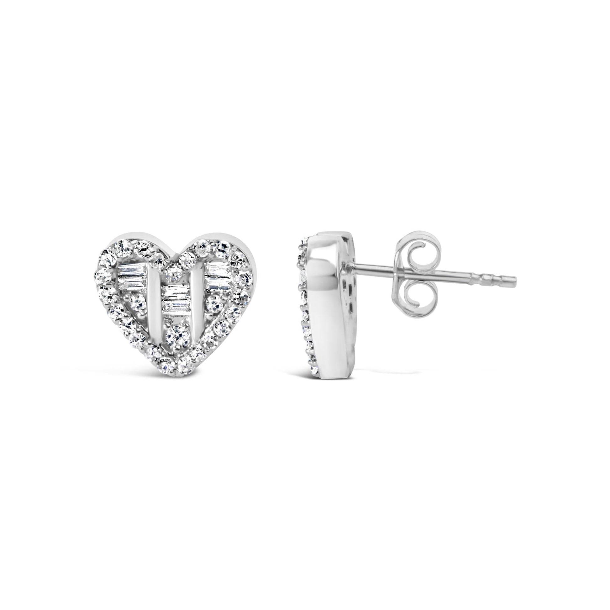.925 Sterling Silver 1/2 Cttw Round and Baguette Diamond Composite Heart Shaped Stud Earring (I-J Color, SI2-I1 Clarity)-4