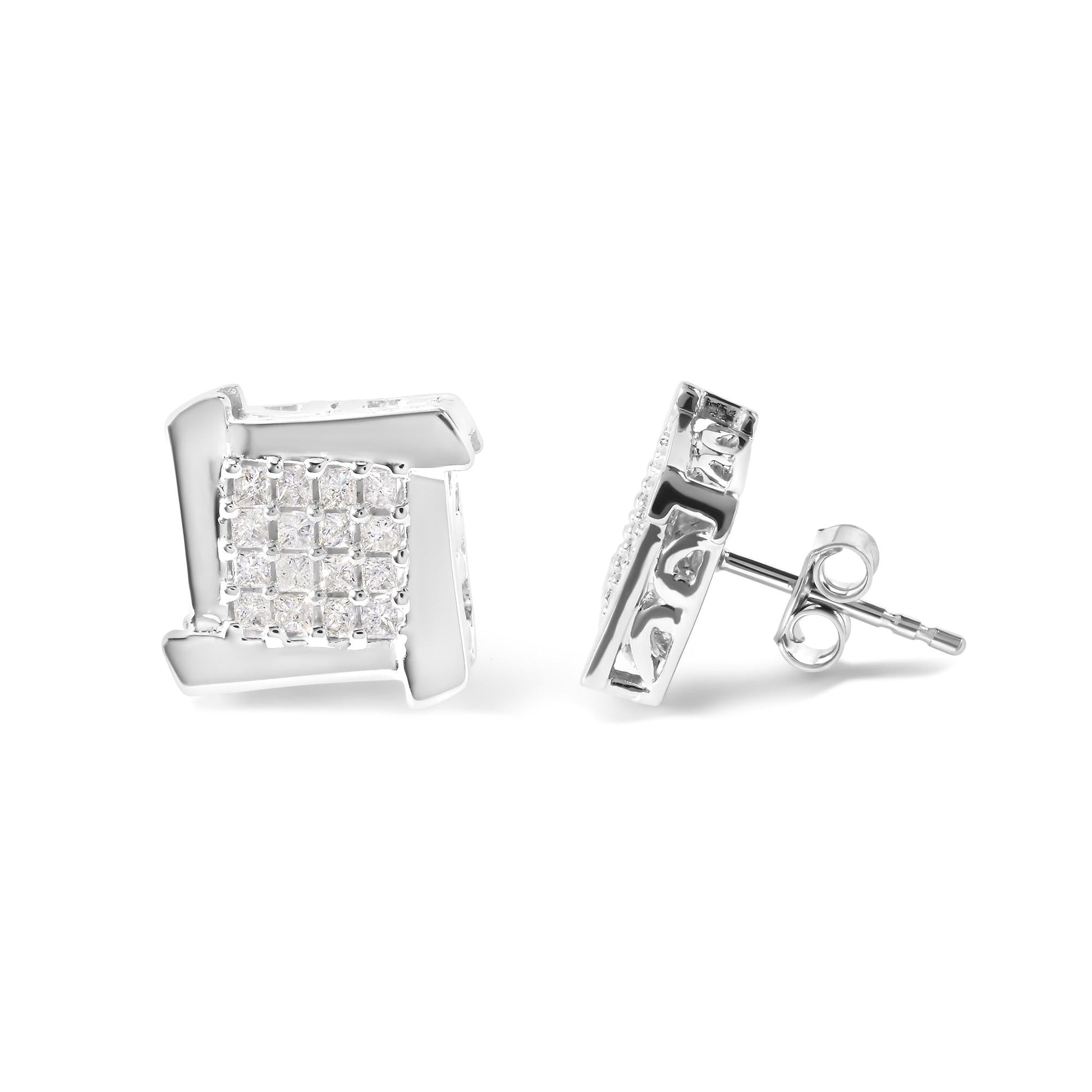 10K White Gold 1/2 Cttw Composite  Princess Diamond Square and Swirl Stud Earrings (I-J Color, I1-I2 Clarity)-2