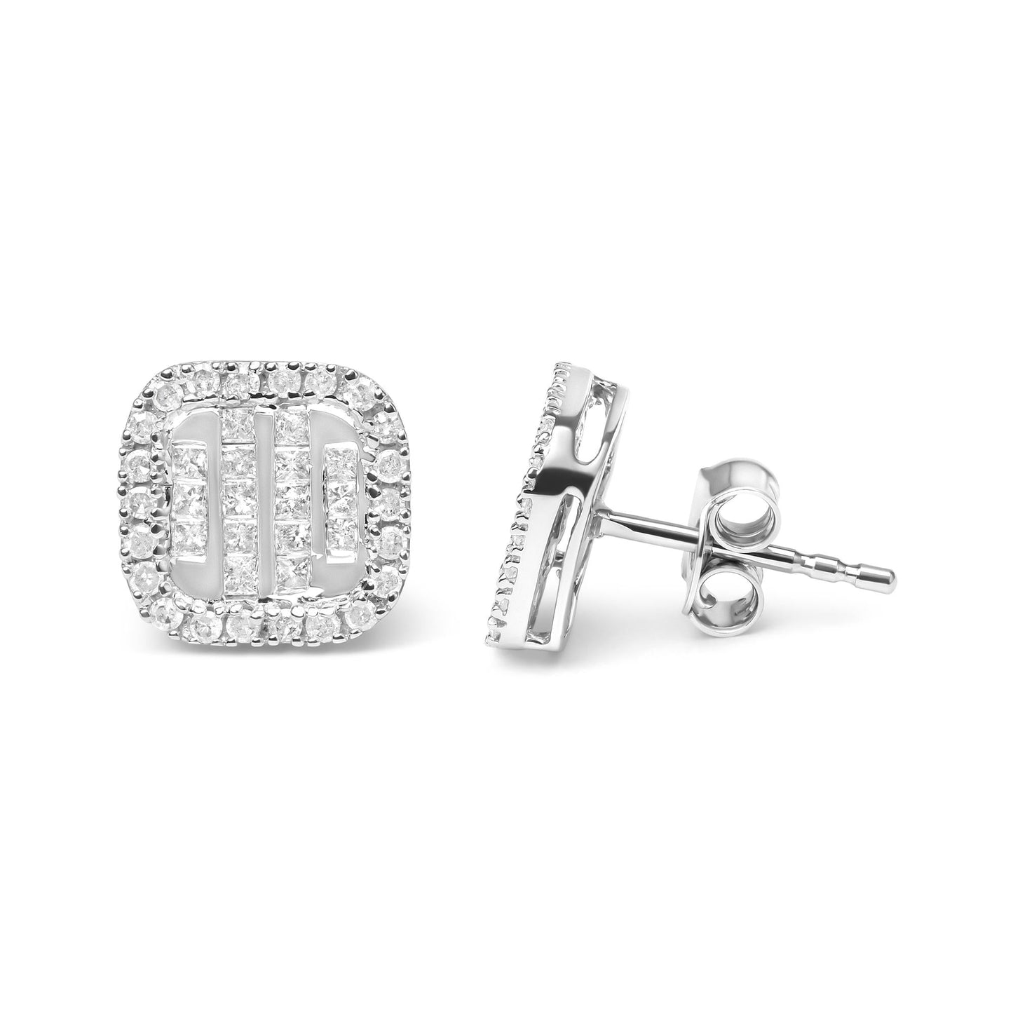 10K White Gold 7/8 Cttw Diamond Princess Composite and Halo Stud Earrings (I-J Color, I1-I2 Clarity)-2