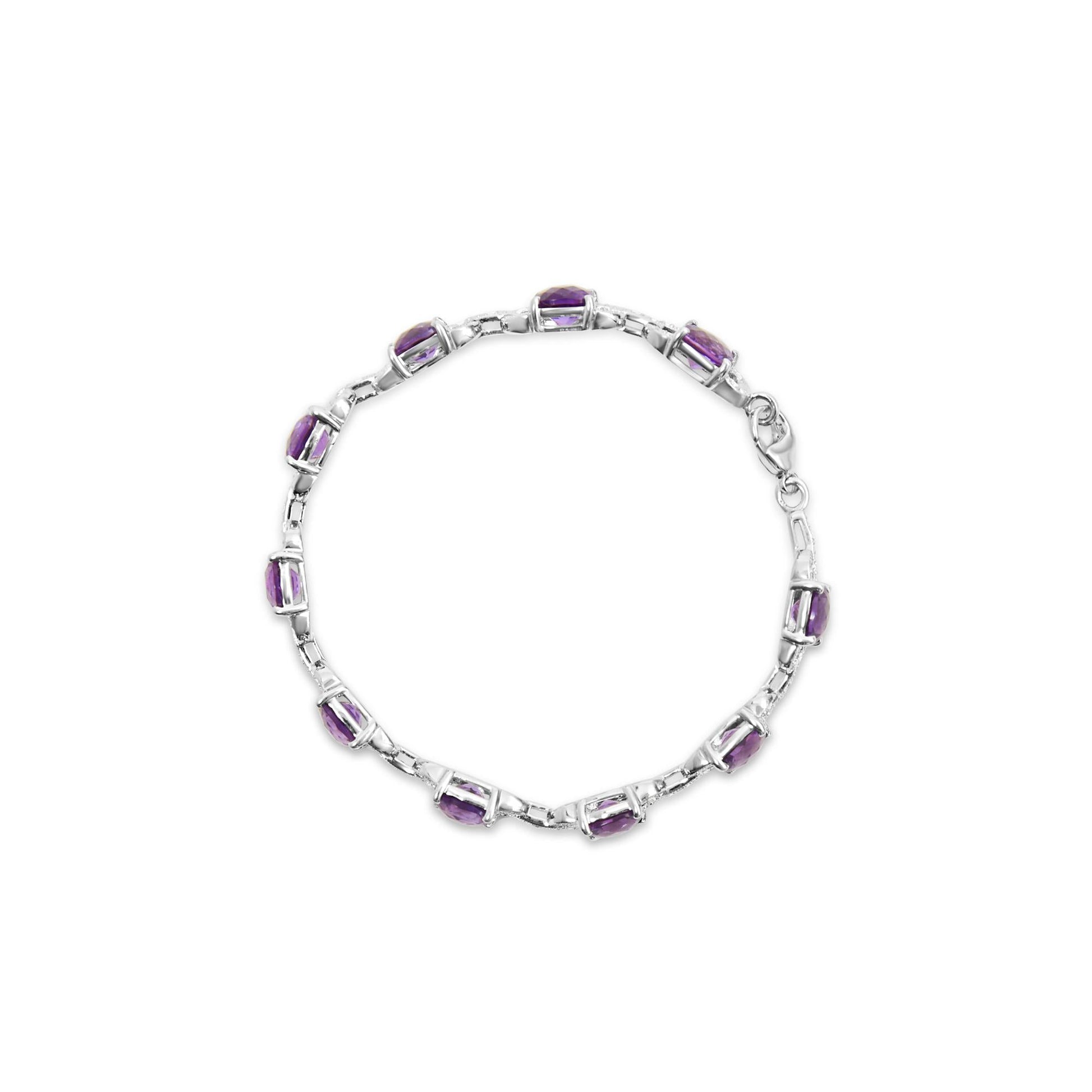 .925 Sterling Silver 7mm Cushion Cut Amethyst Gemstone and Diamond Tennis Link Bracelet (I-J Color, I1-I2 Clarity) - Size 7"-2