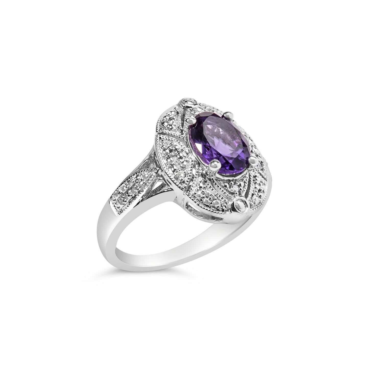 Sterling Silver 9x7mm Oval Purple Amethyst and Round Diamond Accent Fashion Cocktail Ring (I-J Color, I1-I2 Clarity)-2