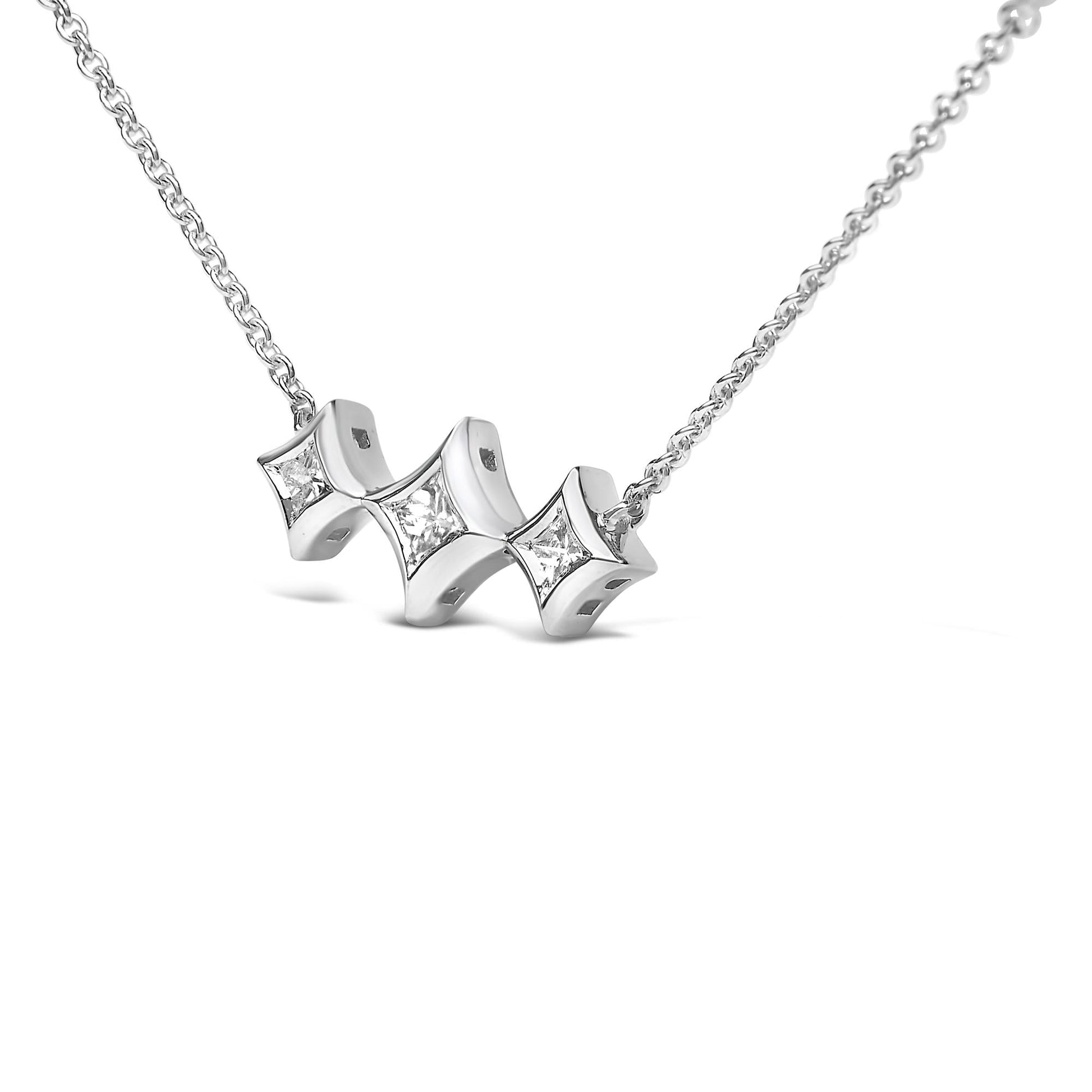 10K White Gold Bezel Set Princess Diamond 3 Stone Kite Shape and Station Necklace (H-I Color, SI2-I1 Clarity) - 18" Inches-2