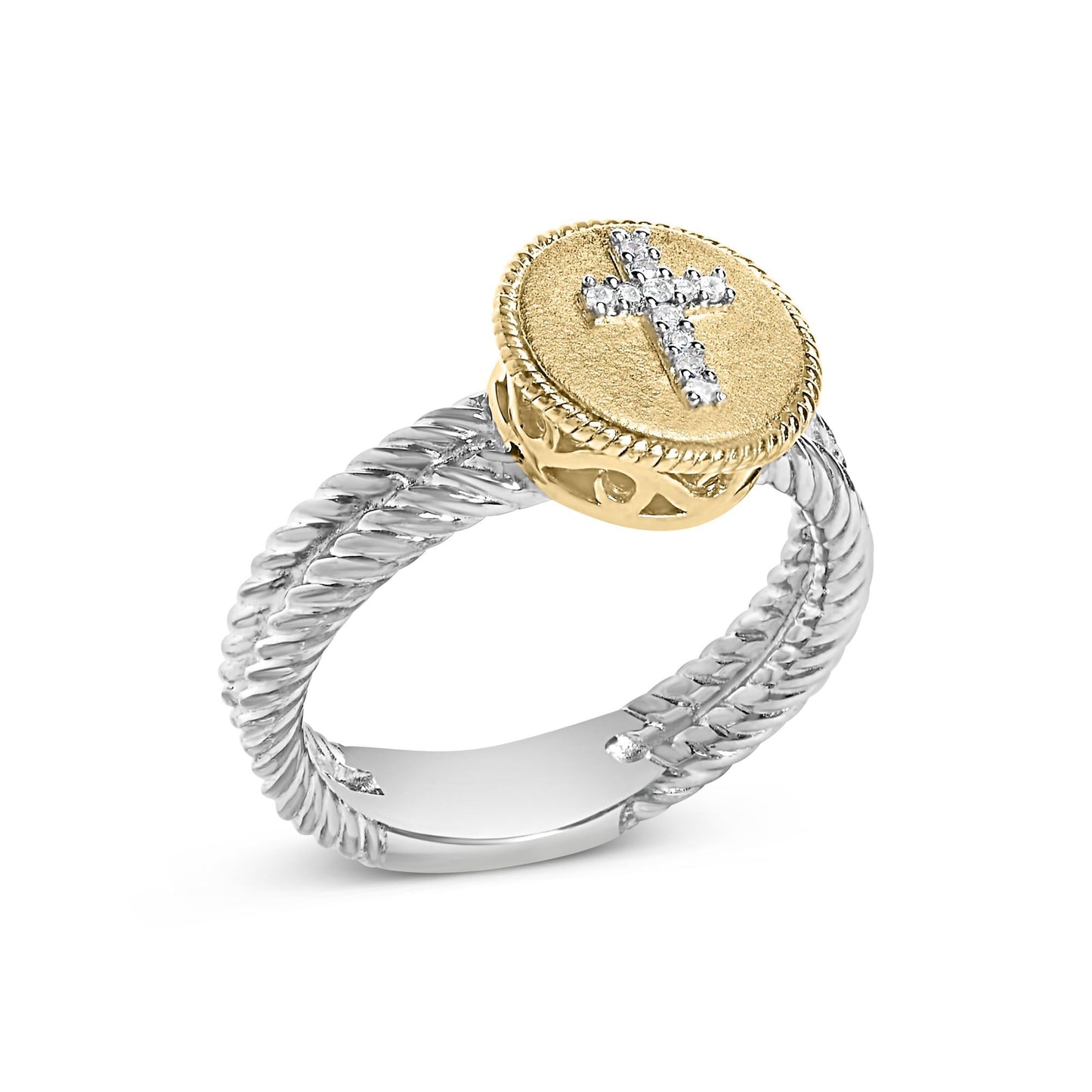 18K Yellow Gold Plated .925 Sterling Silver Diamond Cross Ring with Satin Finish (I-J Color, SI1-SI2 Clarity)-2