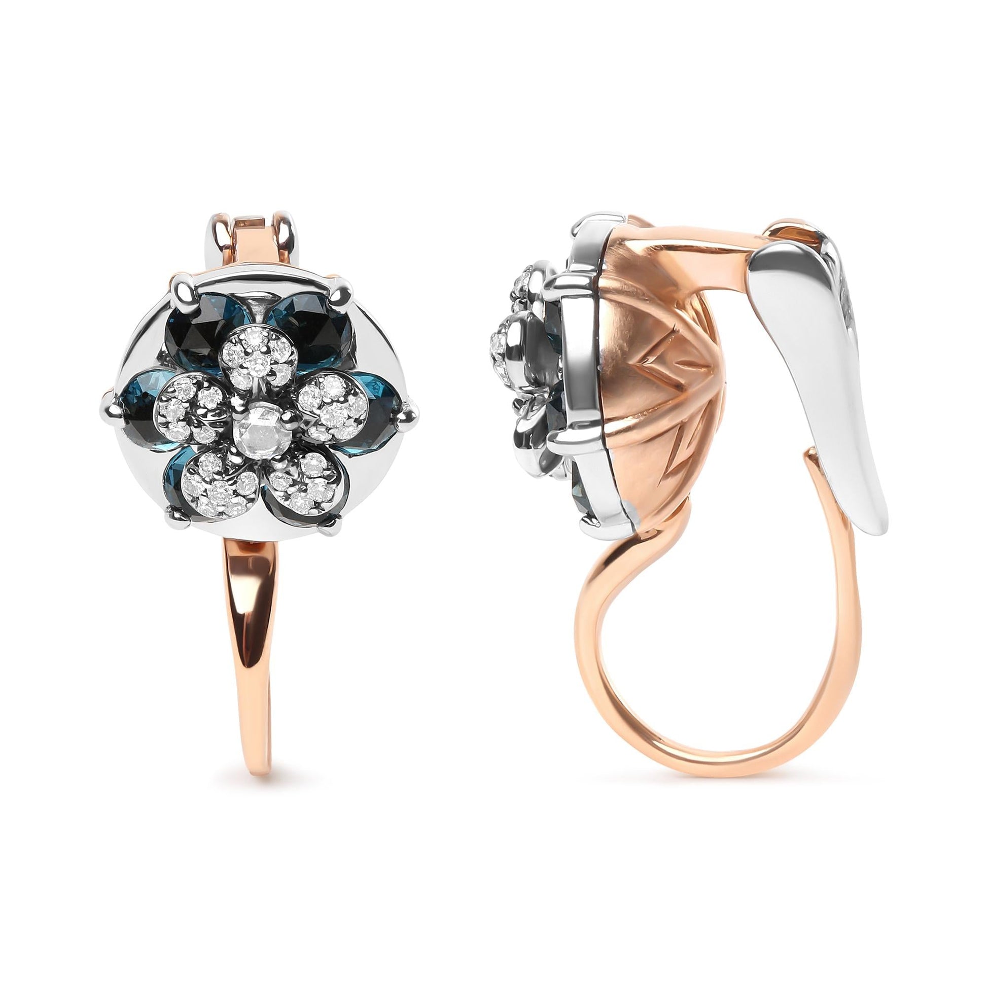18K Rose and White Gold 1/3 Cttw Round Diamonds and Round London Blue Topaz Gemstone Cluster Floral Drop Hoop Earrings (G-H Color, SI1-SI2 Clarity)-2