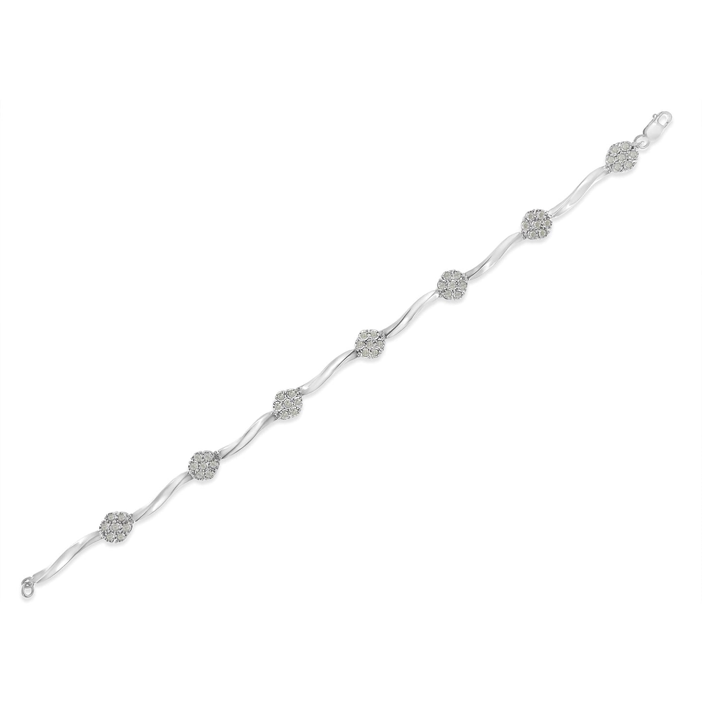 .925 Sterling Silver 1/4 Cttw Diamond Cluster Miracle-Set Station & Twisted Bar 7" Tennis Bracelet (H-I Color, I2-I3 Clarity)-3