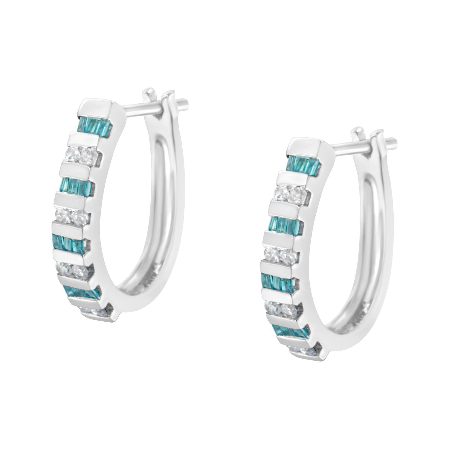 10k White Gold Round and Blue Baguette Diamond Hoop Earrings (0.50 cttw, I-J Color, I2-I3 Clarity)-3