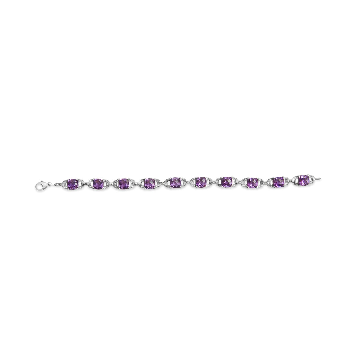 .925 Sterling Silver 7mm Cushion Cut Amethyst Gemstone and Diamond Tennis Link Bracelet (I-J Color, I1-I2 Clarity) - Size 7"-3
