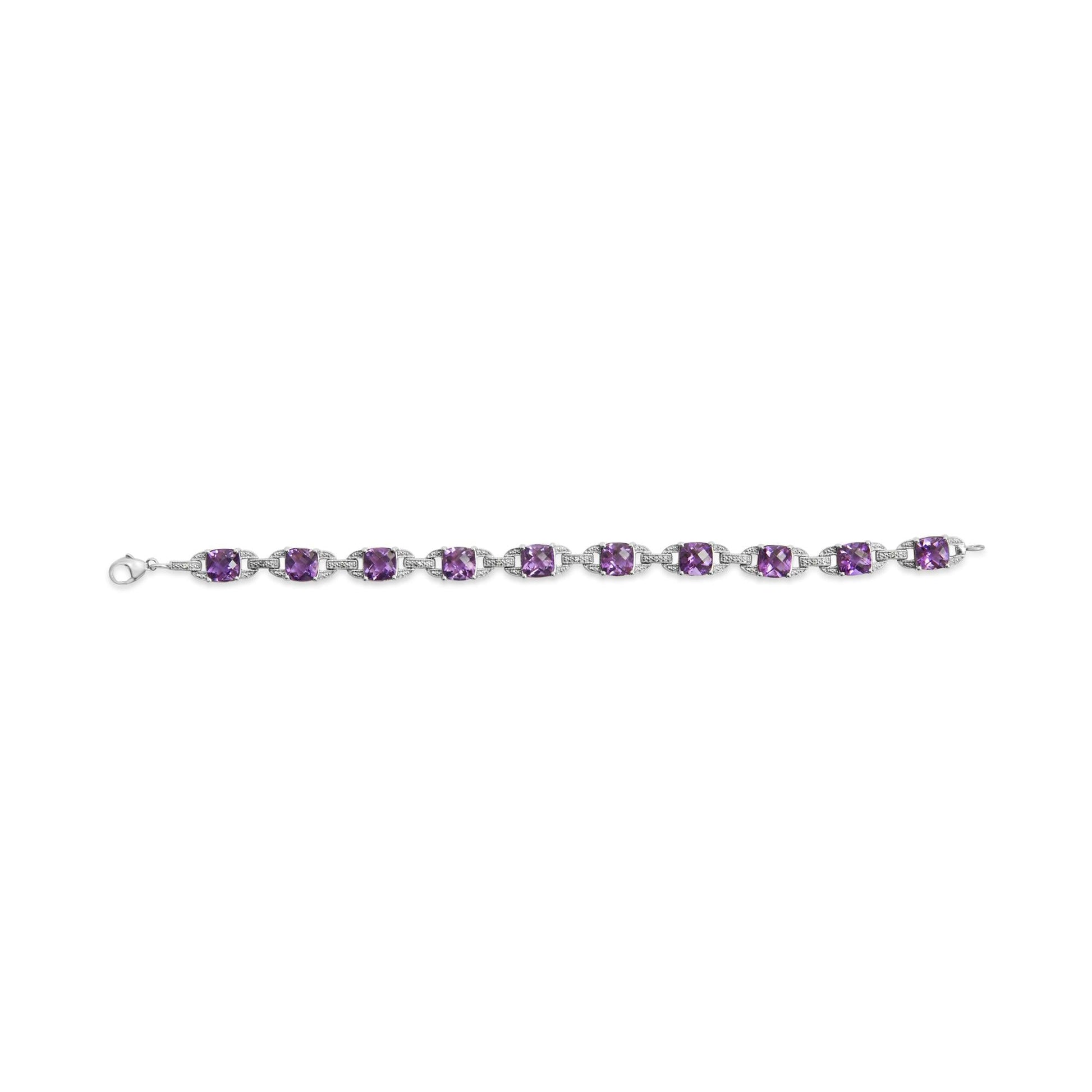.925 Sterling Silver 7mm Cushion Cut Amethyst Gemstone and Diamond Tennis Link Bracelet (I-J Color, I1-I2 Clarity) - Size 7"-3
