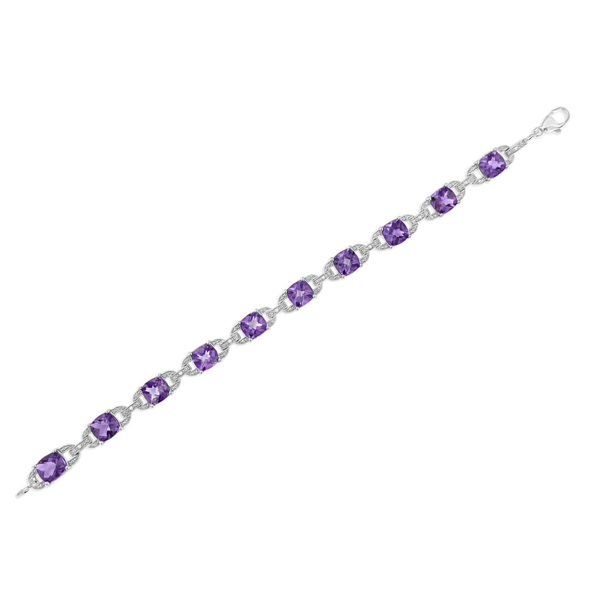 .925 Sterling Silver 7mm Cushion Cut Amethyst Gemstone and Diamond Tennis Link Bracelet (I-J Color, I1-I2 Clarity) - Size 7"-4