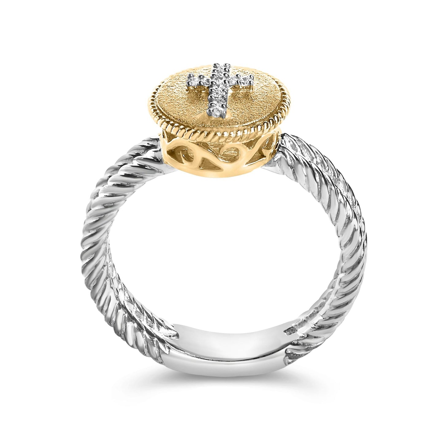 18K Yellow Gold Plated .925 Sterling Silver Diamond Cross Ring with Satin Finish (I-J Color, SI1-SI2 Clarity)-4