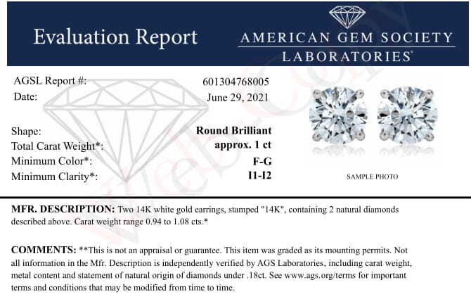 AGS Certified 14K White Gold 1.0 cttw 4-Prong Set Brilliant Round-Cut Solitaire Diamond Push Back Stud Earrings (F-G Color, I1-I2 Clarity)-3