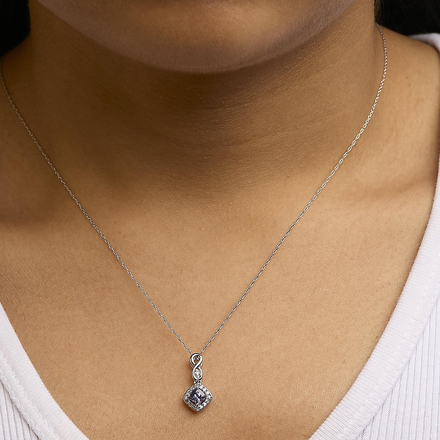 10K White Gold Blue Purple Tanzanite and Diamond Accent Cushion Drop Pendant Necklace - 18" Inches-3