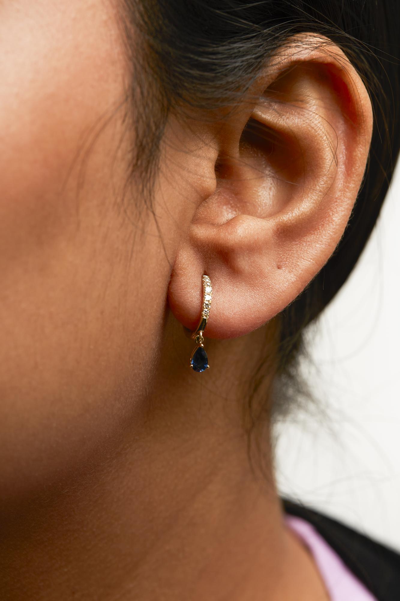 10K Yellow Gold Pear Blue Sapphire and 1/10 Cttw Diamond Drop and Dangle Huggy Hoop Earrings (H-I Color, I1-I2 Clarity)-3