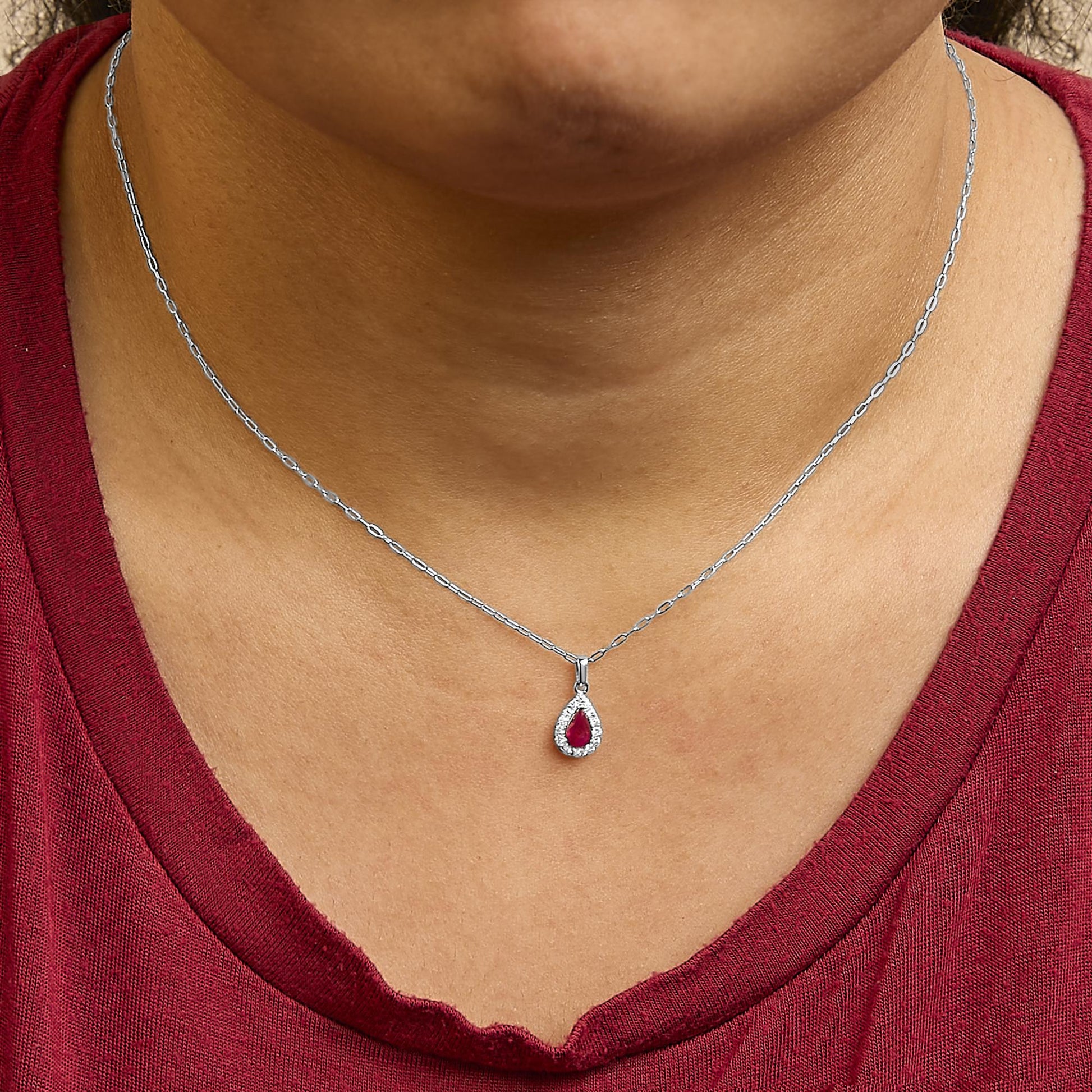14K White Gold 6x4 Pear Red Ruby and Diamond Halo Pendant Necklace - 18" Inches-3