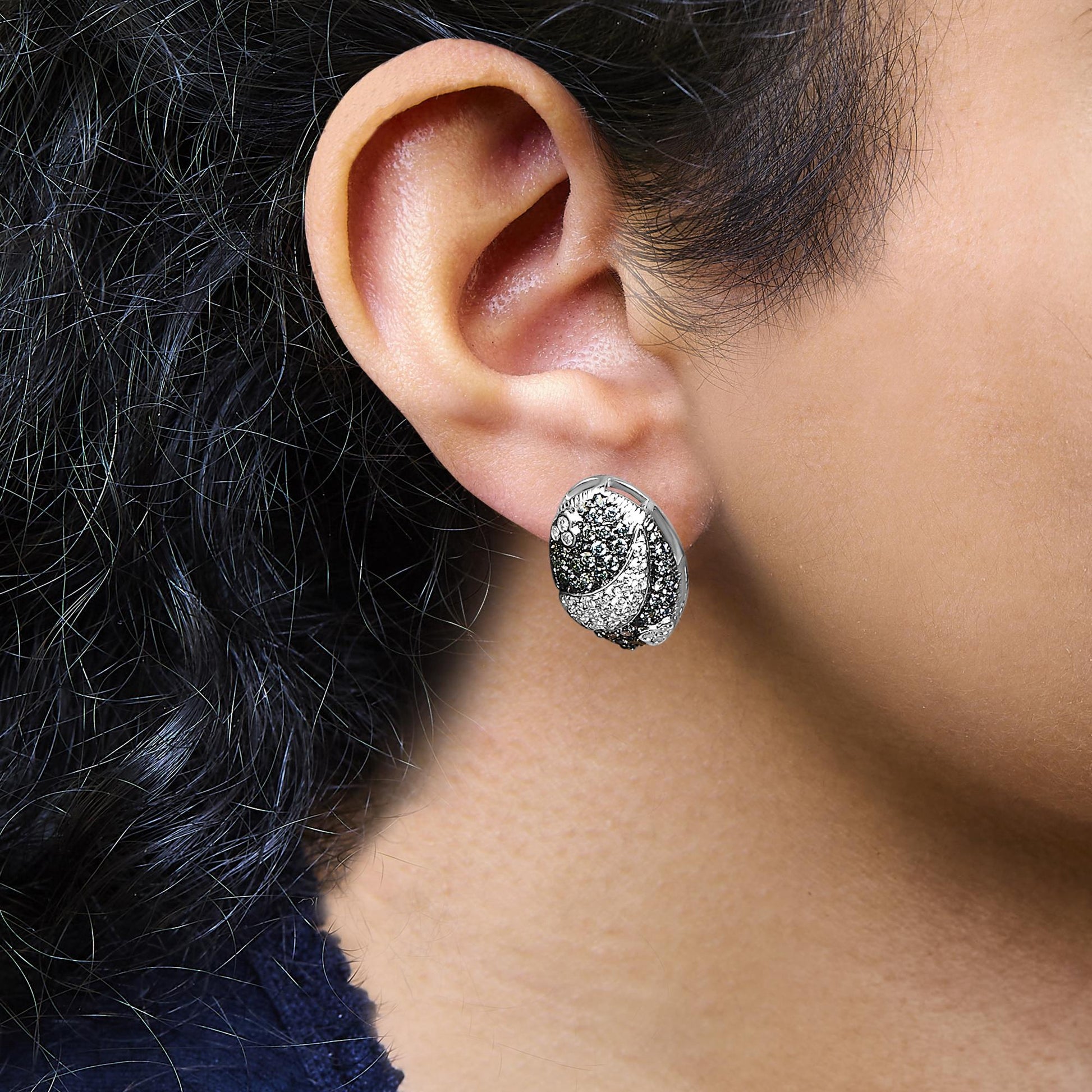 14K White Gold 2.00 Cttw White and Treated Blue Diamond Oval Shield Omega Back Earrings (H-I Color, SI1-SI2 Clarity)-3