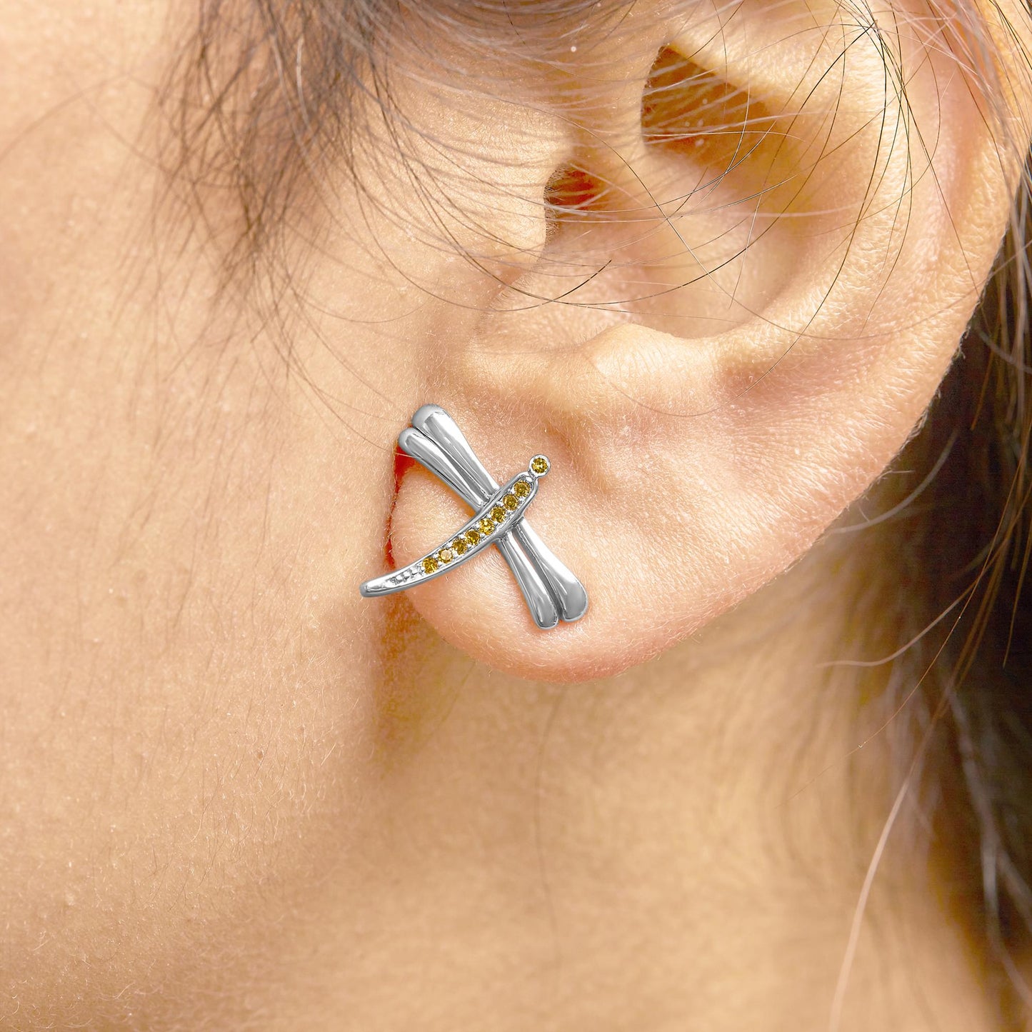 .925 Sterling Silver Yellow Diamond Accent Dragonfly Stud Earrings (Yellow Color, I2-I3 Clarity)-3