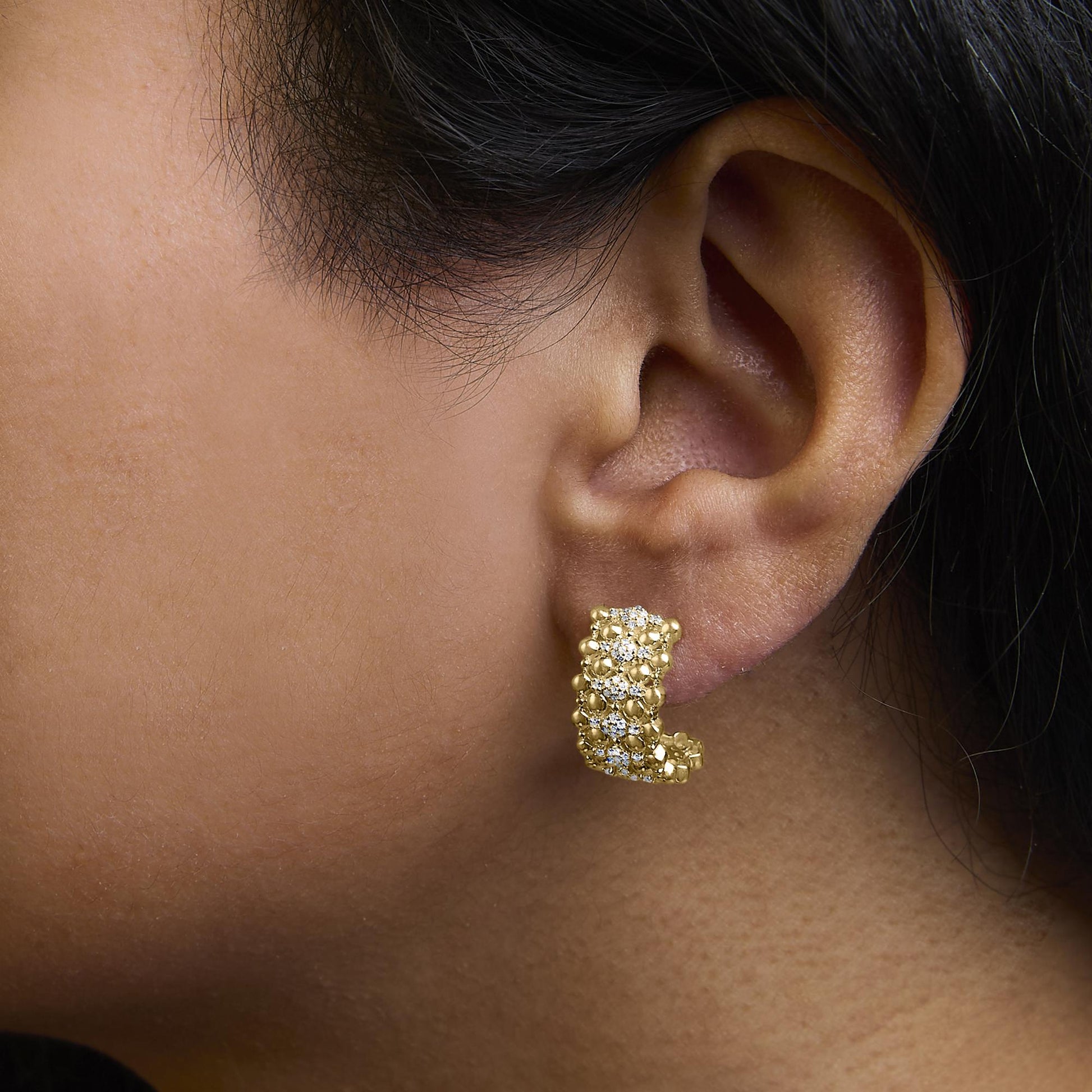14K Yellow Gold Plated .925 Sterling Silver 3/8 Cttw Diamond and Ball Bead J Hoop Earrings (H-I Color, I1-I2 Clarity)-3
