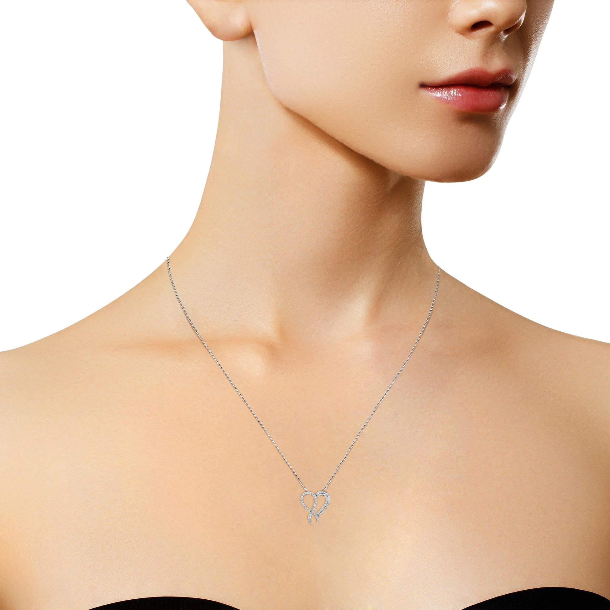 .925 Sterling Silver 1 cttw Diamond Heart and Ribbon 18" Pendant Necklace (I-J Clarity, I2-I3 Color) - 18"-3