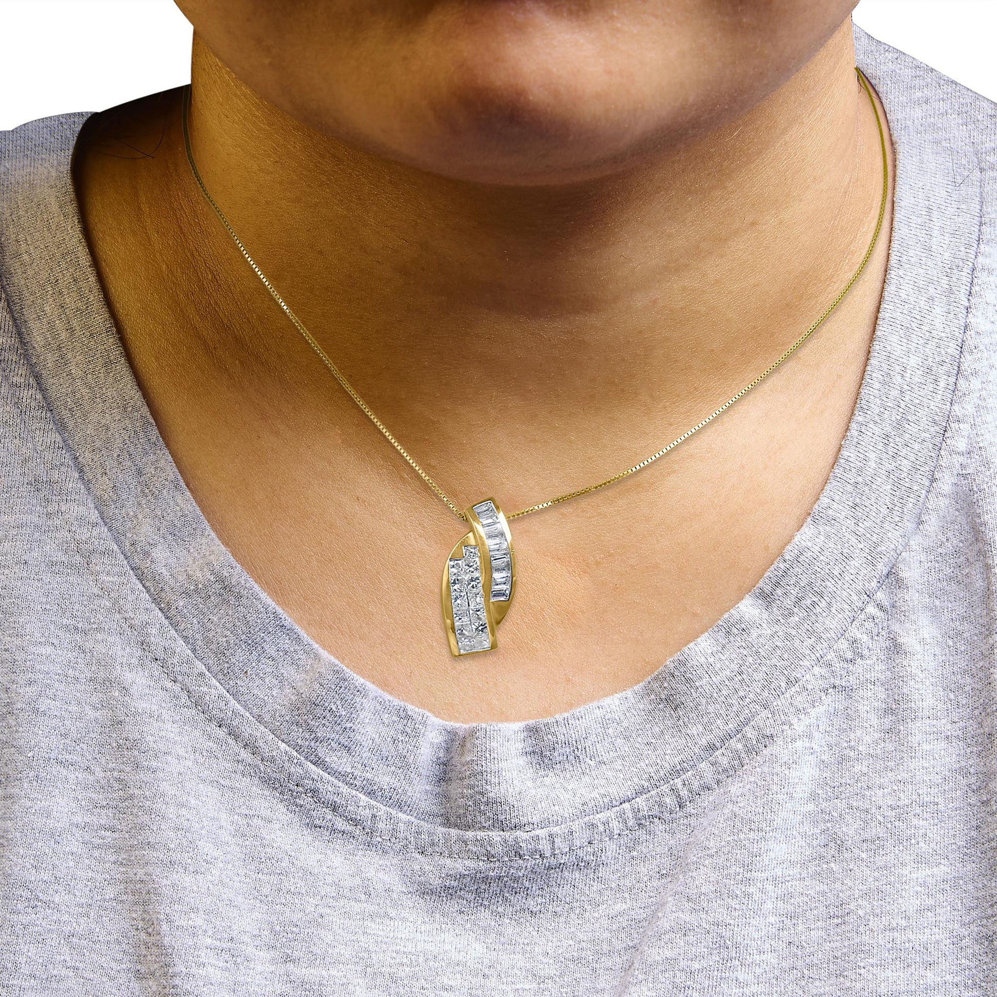 14k Yellow Gold 1 1/3 Cttw Princess and Baguette-cut Diamond Double Curved Pendant Necklace (H-I Color ,VS1-VS2 Clarity) - NO CHAIN INCLUDED-3