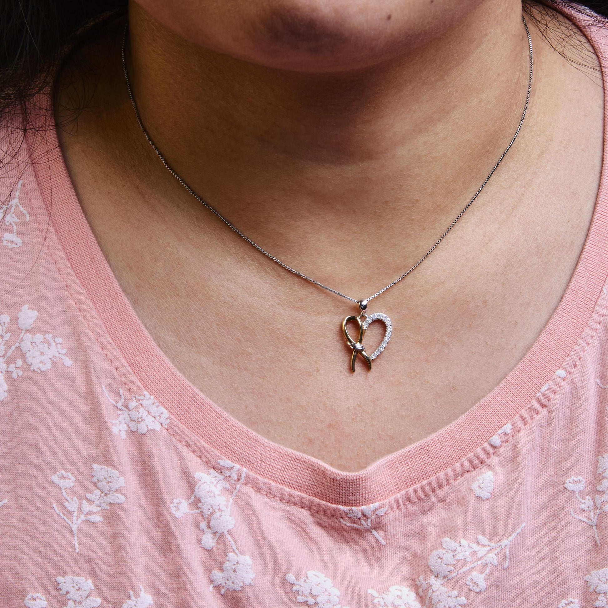 10K Yellow Gold Plated .925 Sterling Silver 1/5 Cttw Diamond Ribbon Heart Pendant Necklace (H-I Color, I2-I3 Clarity) - 18"-3