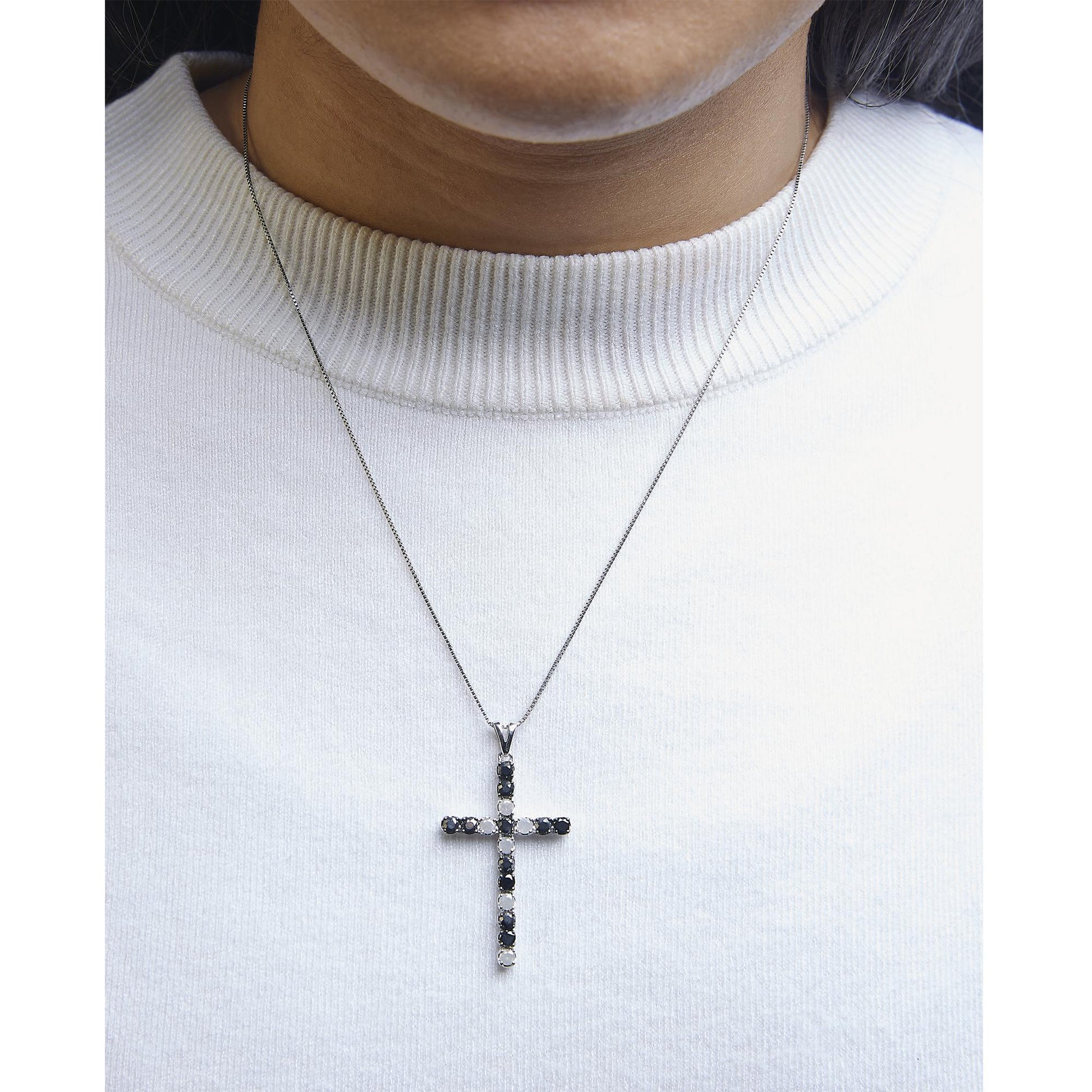 .925 Sterling Silver 2.0 Cttw Prong Set Round Natural Treated Black and White Diamond Cross Pendant Necklace - 18" (Black/H-I Color, I3 Clarity)-3