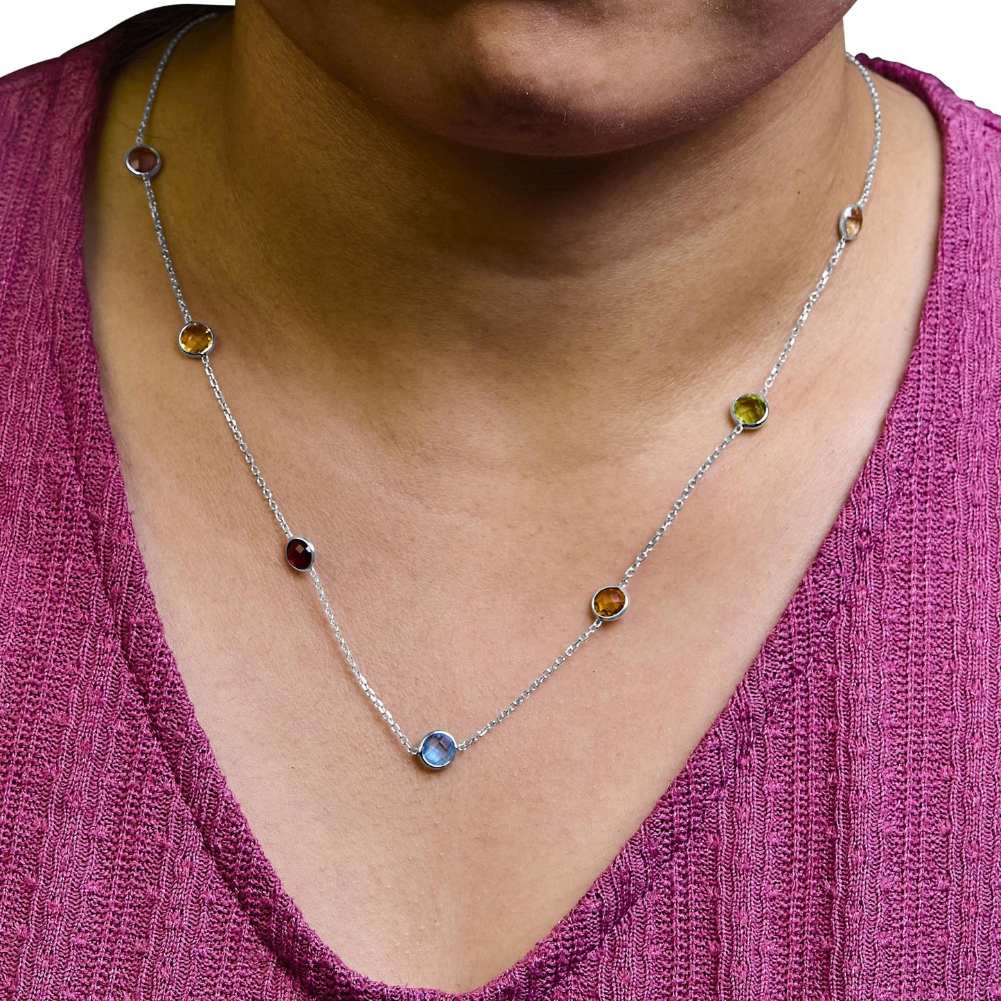 14K White Gold Bezel Set Mixed Gemstone 7 Station Adjustable 18"-24" Necklace-3