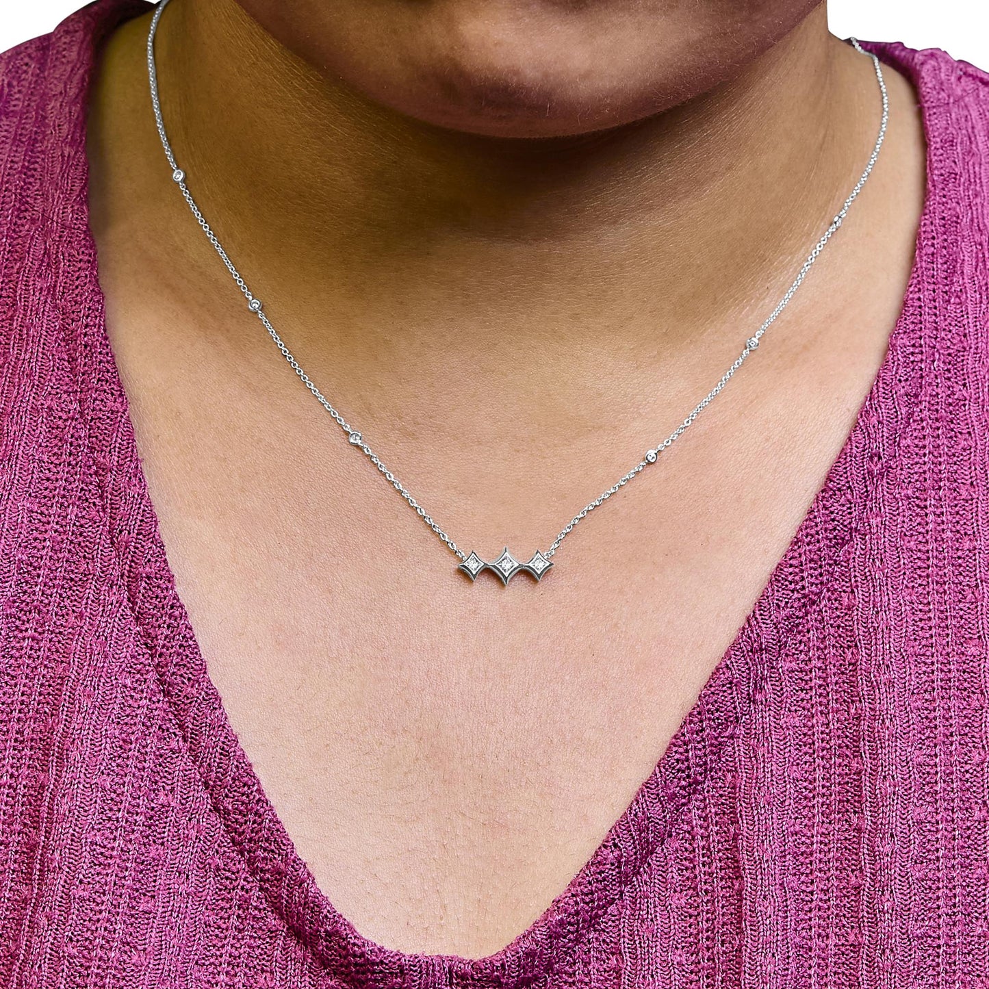 10K White Gold Bezel Set Princess Diamond 3 Stone Kite Shape and Station Necklace (H-I Color, SI2-I1 Clarity) - 18" Inches-3