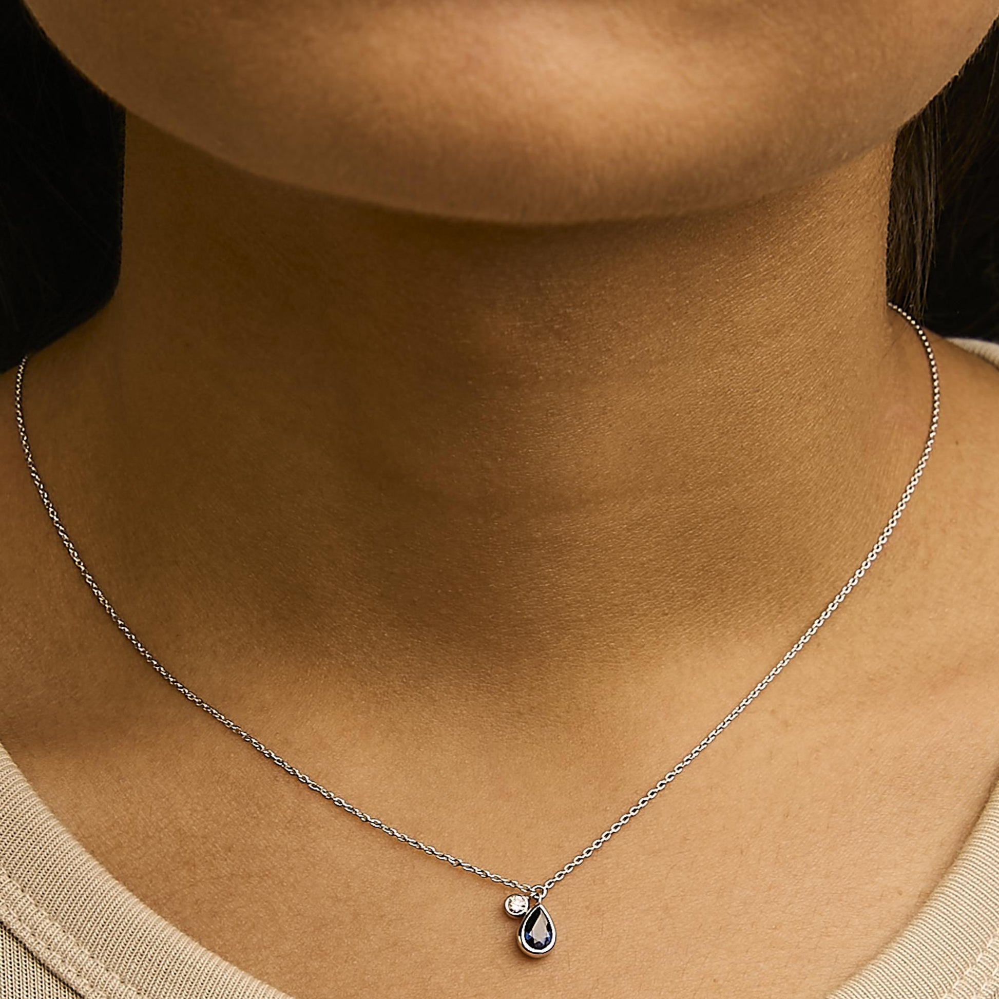 14K White Gold 6x4mm Pear Blue Sapphire and Diamond Accent Charm Pendant Necklace - 18" Inches-3