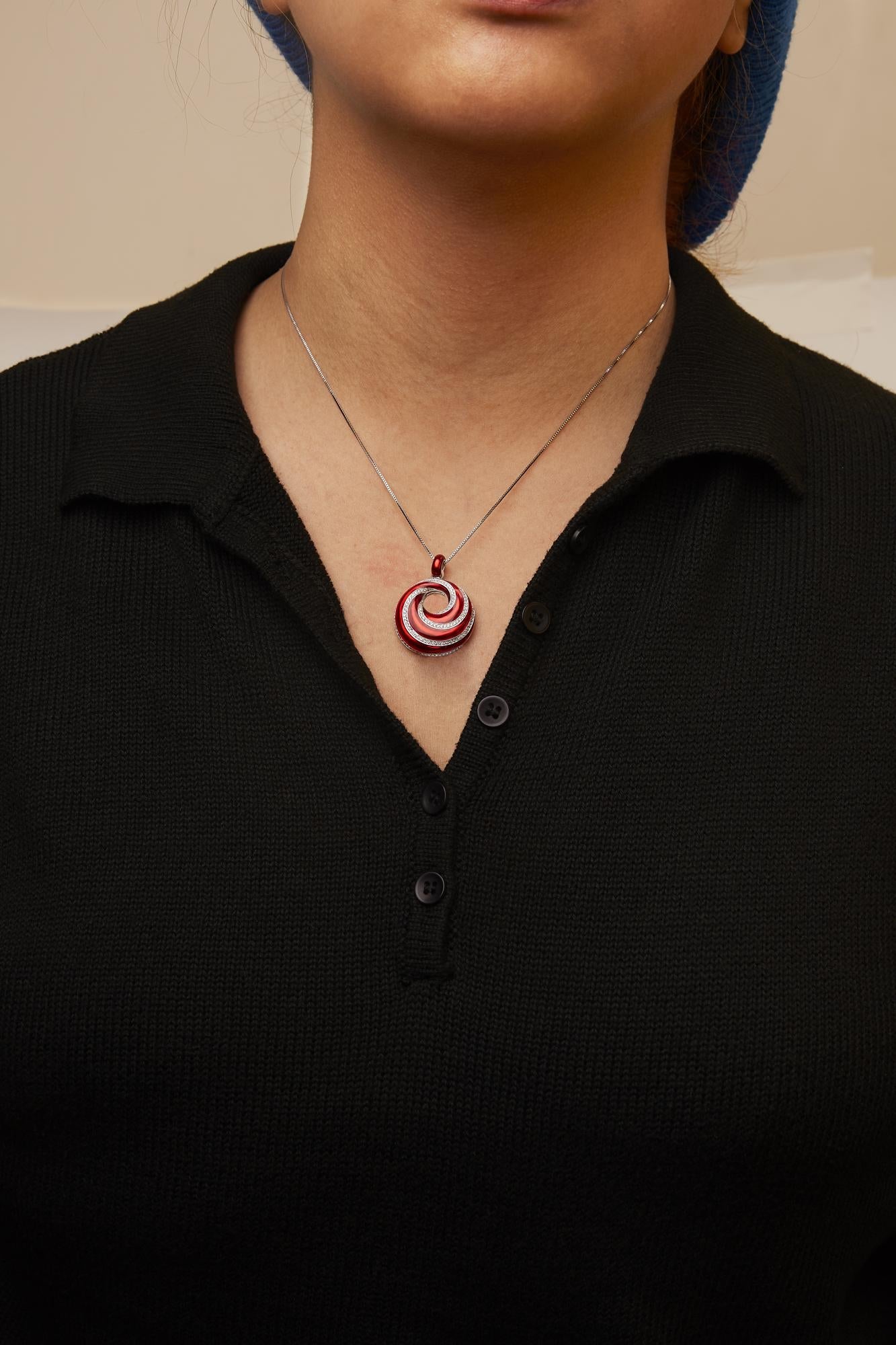 .925 Sterling Silver Red Enamel and 1/2 Diamond Endless Swirl Medallion 18" Pendant Necklace (F-G Color, VS1-VS2 Clarity)-4
