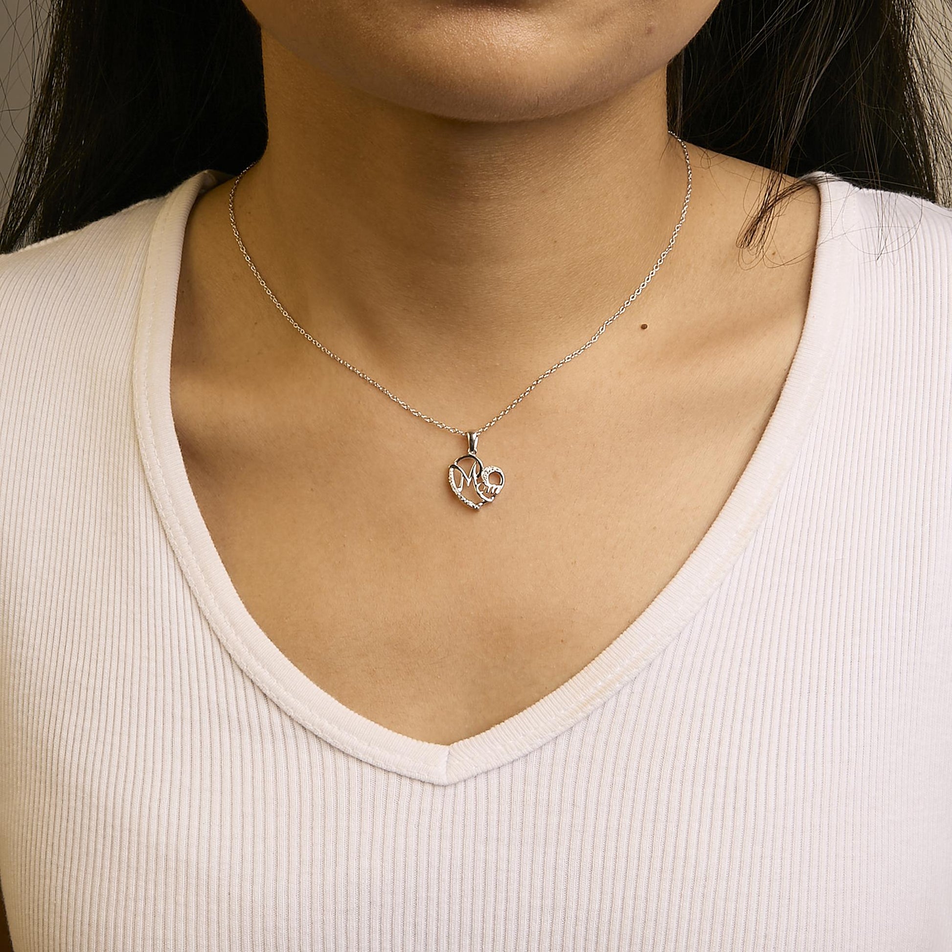 .925 Sterling Silver Cursive Mom Heart Diamond Accent Pendant Necklace (J-K Color, I2-I3 Clarity) - 18" Inches-3
