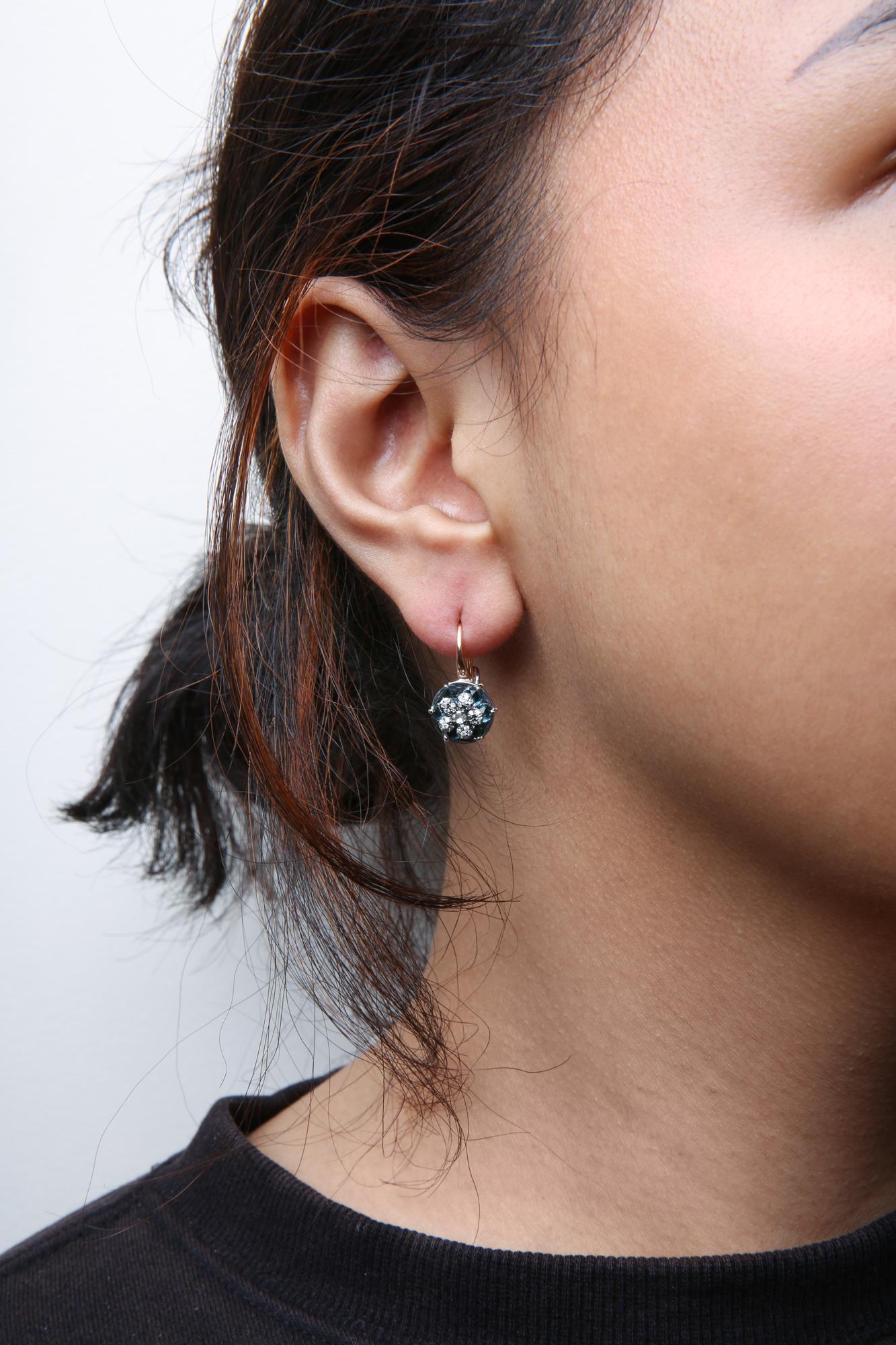 18K Rose and White Gold 1/3 Cttw Round Diamonds and Round London Blue Topaz Gemstone Cluster Floral Drop Hoop Earrings (G-H Color, SI1-SI2 Clarity)-3