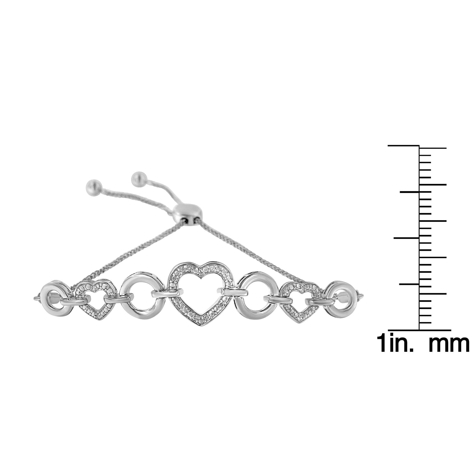 .925 Sterling Silver 1/10 Cttw Round-Cut Diamond Heart-Link Adjustable Bolo Bracelet ( H-I Color, I2-I3 Clarity) - 6"-9" Adjustable-4