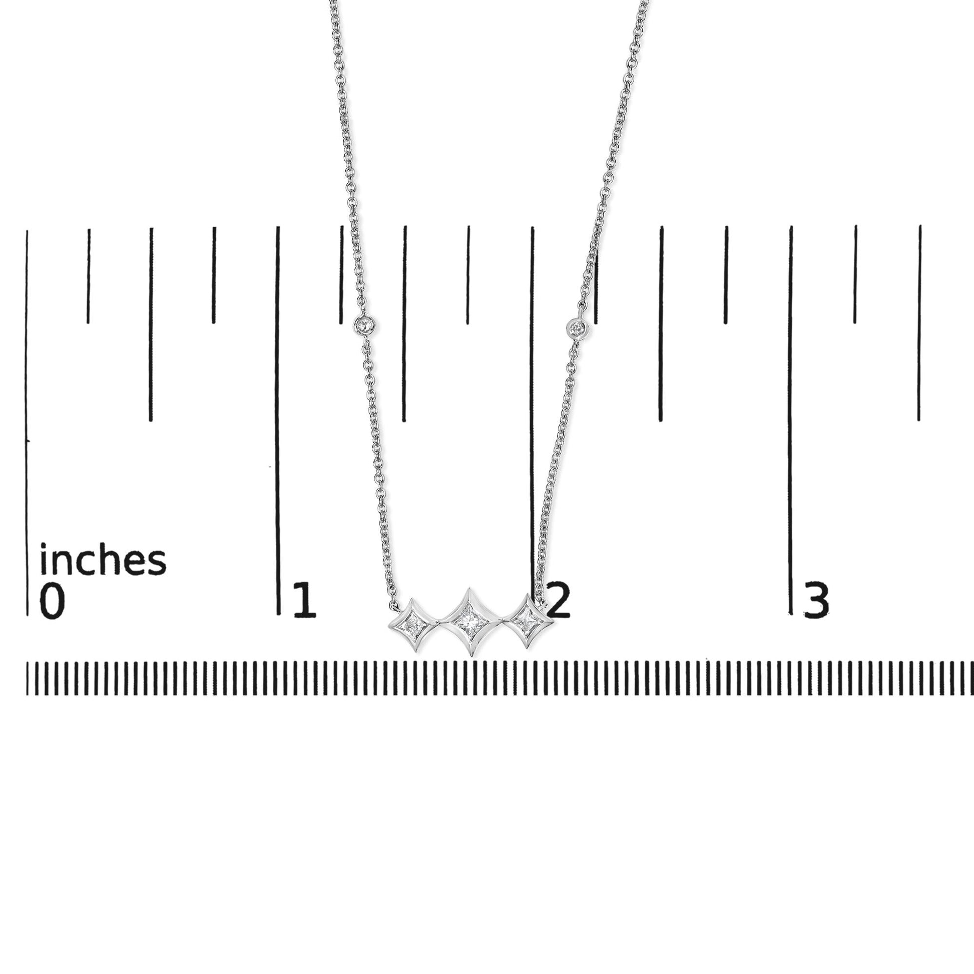10K White Gold Bezel Set Princess Diamond 3 Stone Kite Shape and Station Necklace (H-I Color, SI2-I1 Clarity) - 18" Inches-4