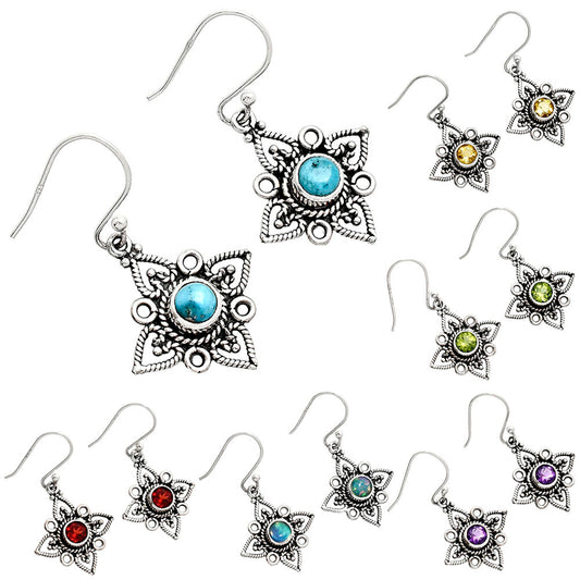 Natural Gemstones Round Shape 925 Sterling Silver Earrings E-1250 AGE1003-0