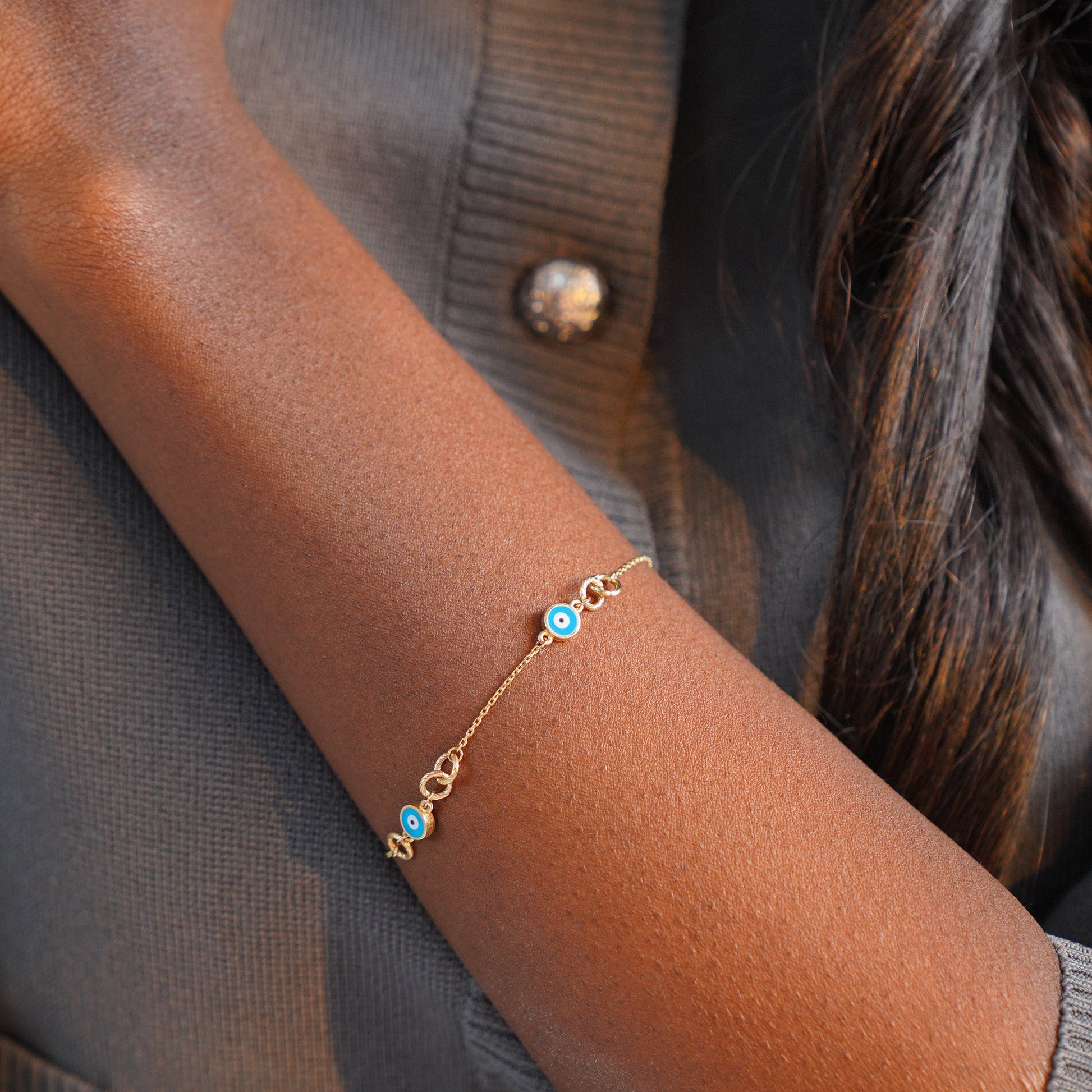 Turquoise Evil Eye Interlocking Evil Eye Bracelet in 14K Gold-2