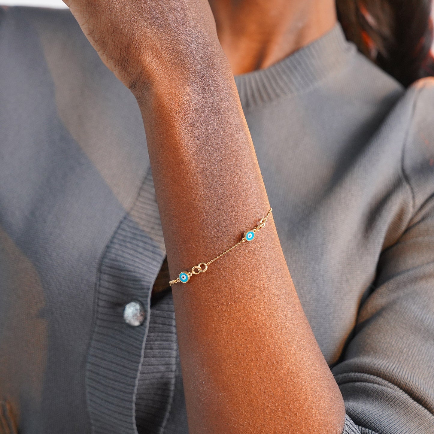 Turquoise Evil Eye Interlocking Evil Eye Bracelet in 14K Gold-3