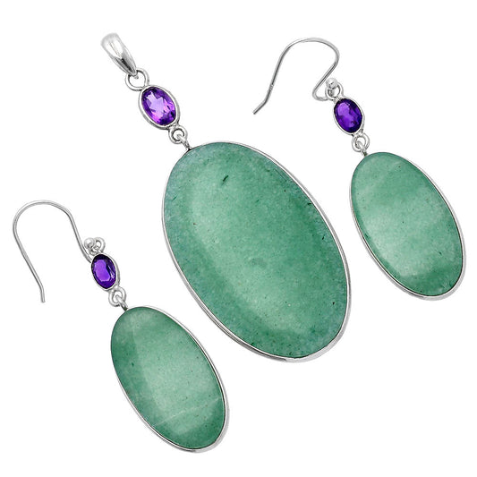 Green Aventurine & Amethyst Pendant Earrings Set T-1010 SDT03082-0
