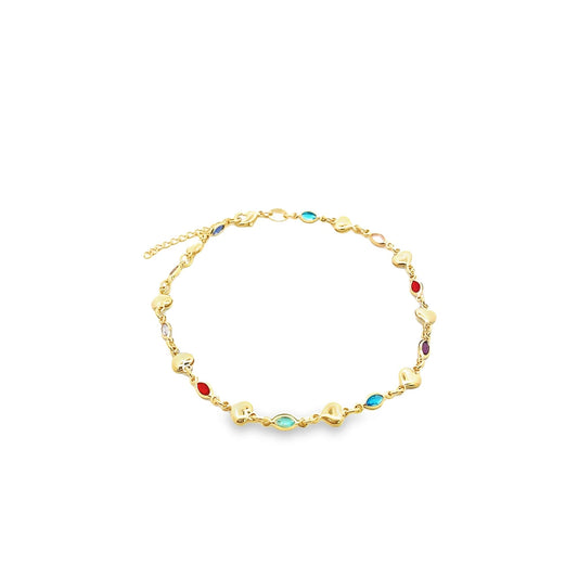 Multi Color CZ Stones With Heart Anklet (E195)-0